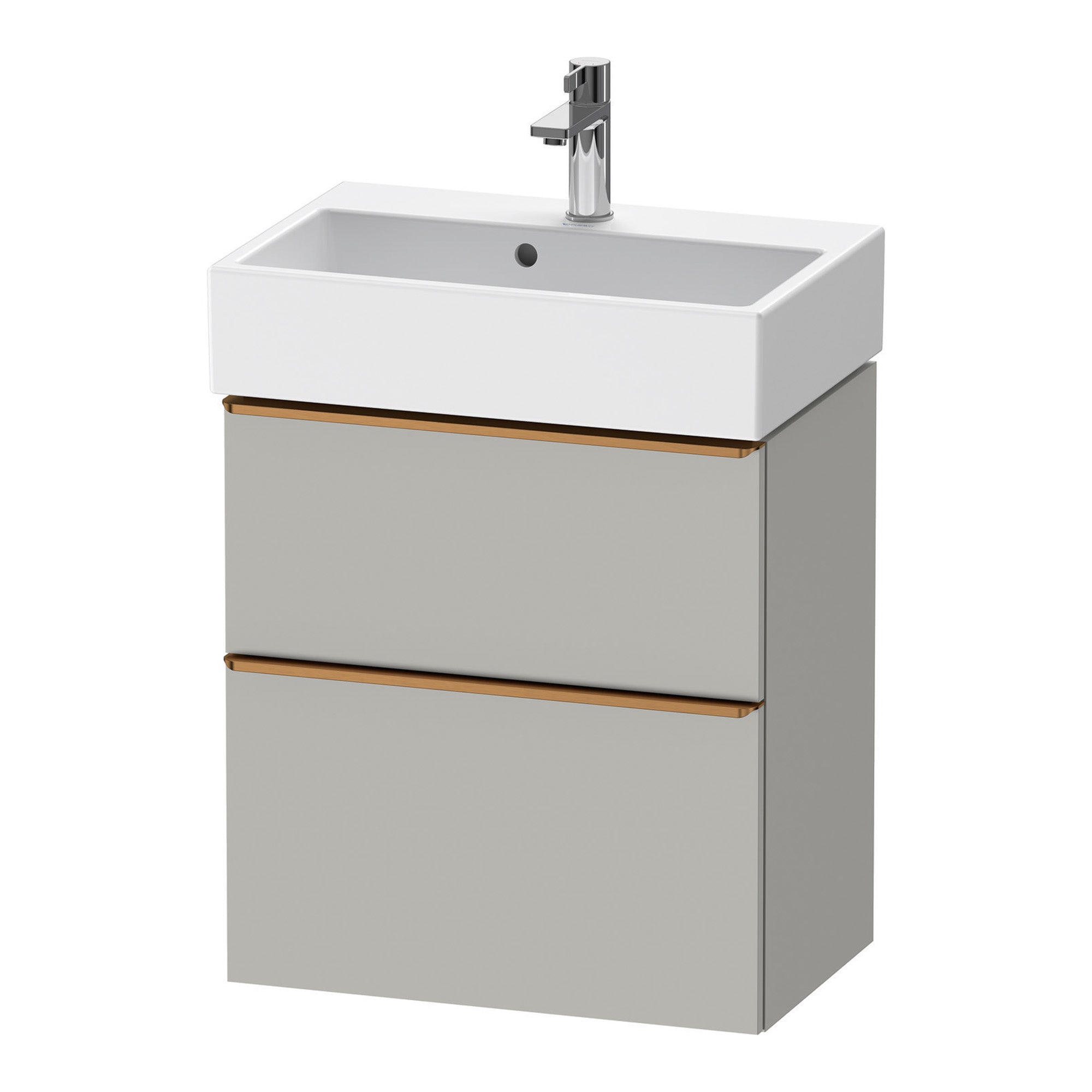 duravit d-neo 600 wall mounted vanity-unit with vero basin concrete grey brushed bronze handles