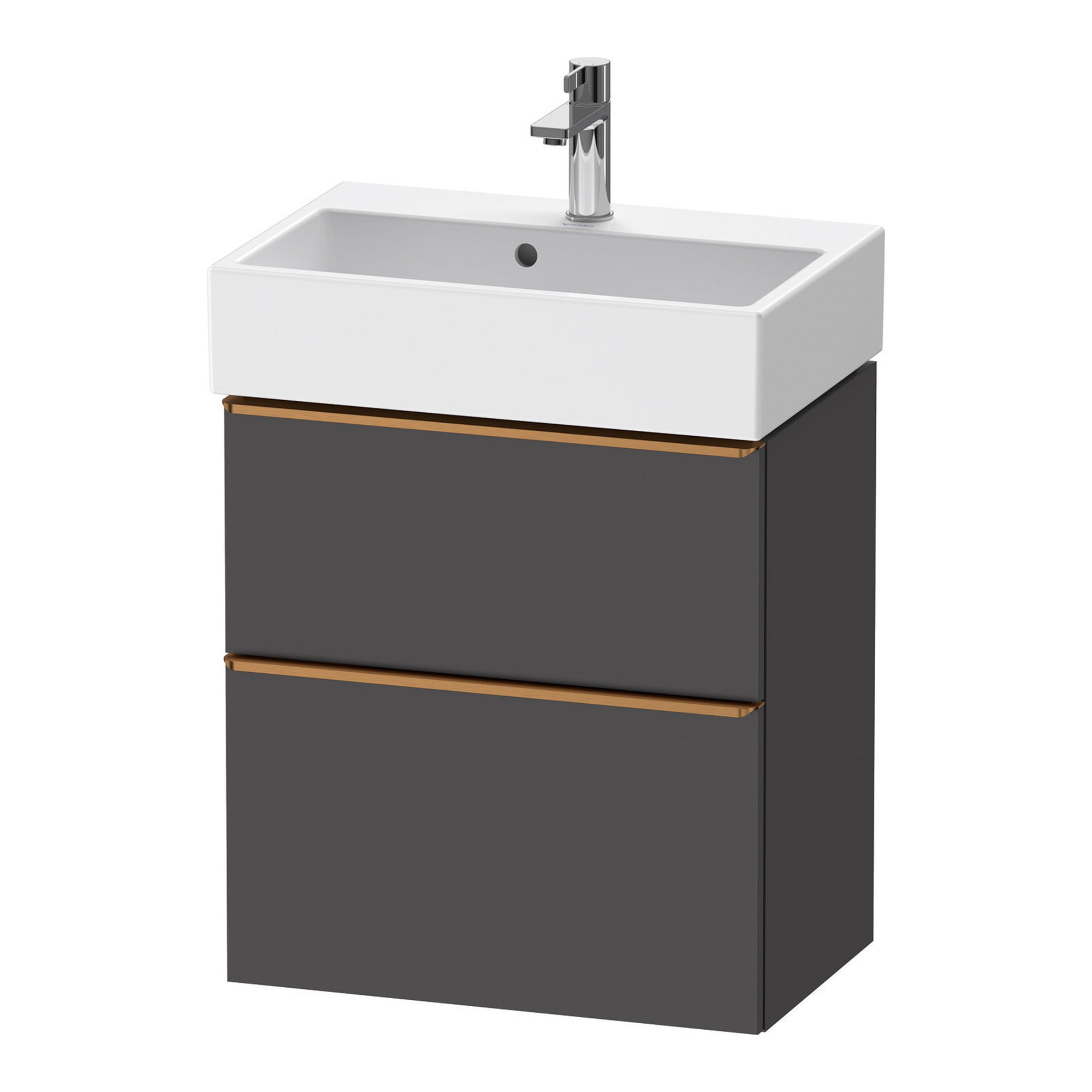 duravit d-neo 600 wall mounted vanity unit with vero basin graphite matt brushed bronze handles