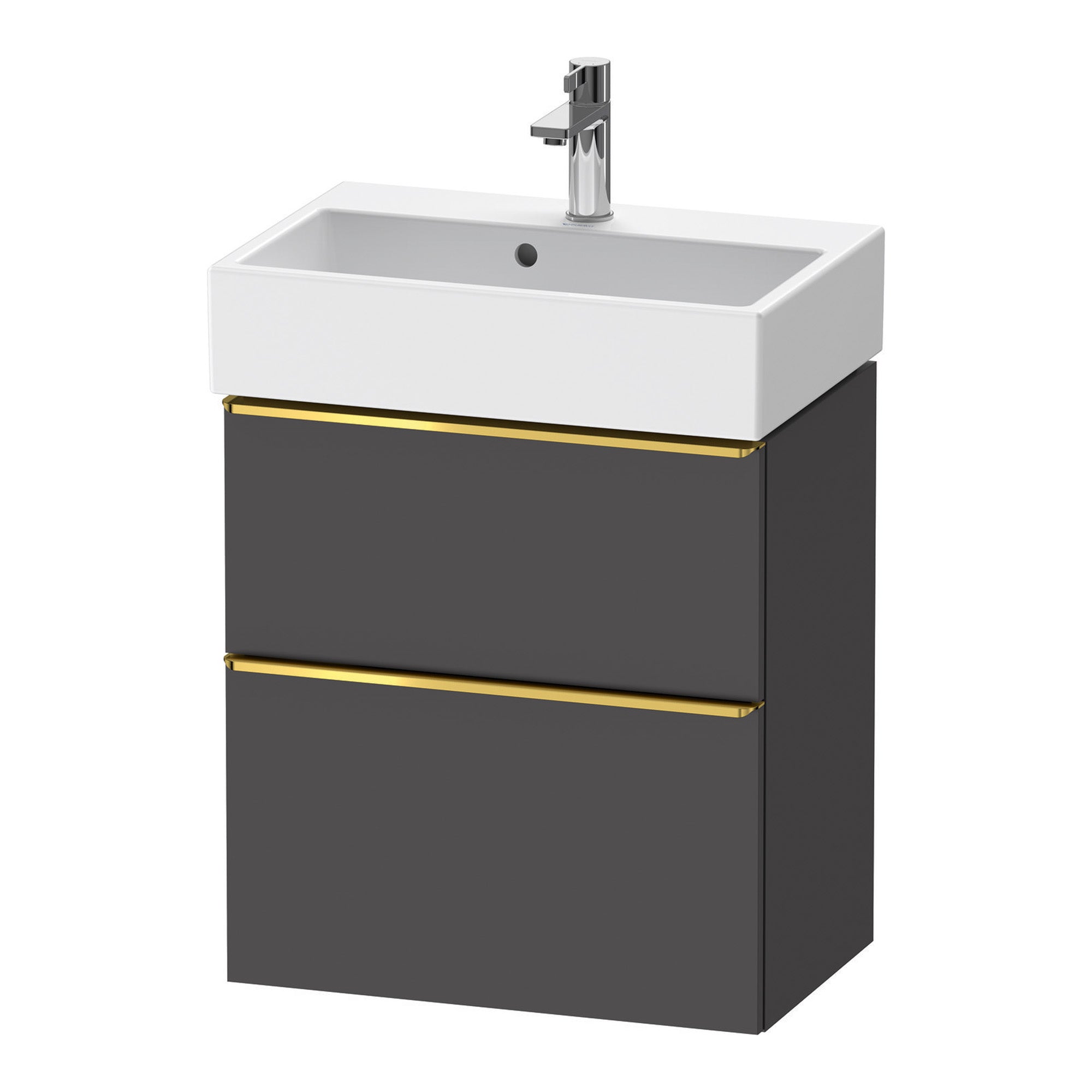duravit d-neo 600 wall mounted vanity unit with vero basin graphite matt gold handles