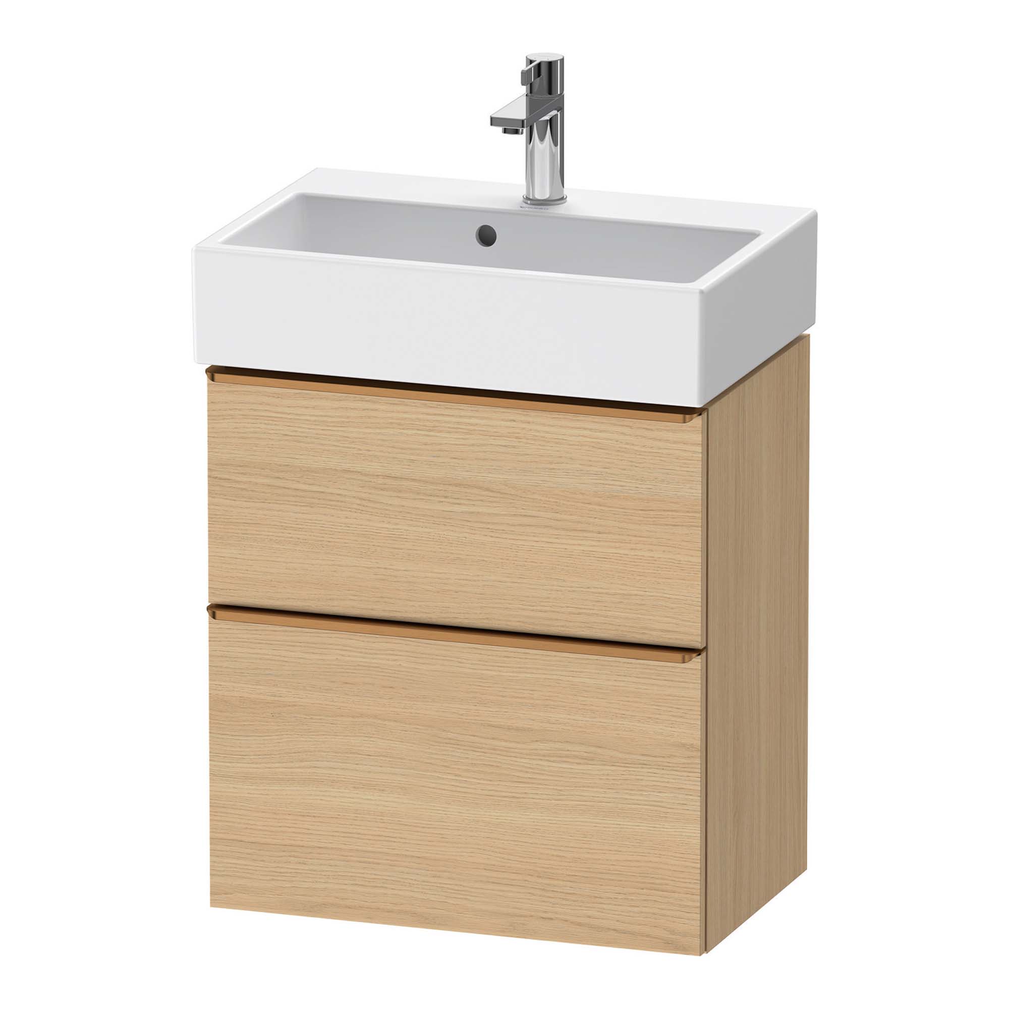 duravit d-neo 600 wall mounted vanity unit with vero basin natural oak brushed bronze handles