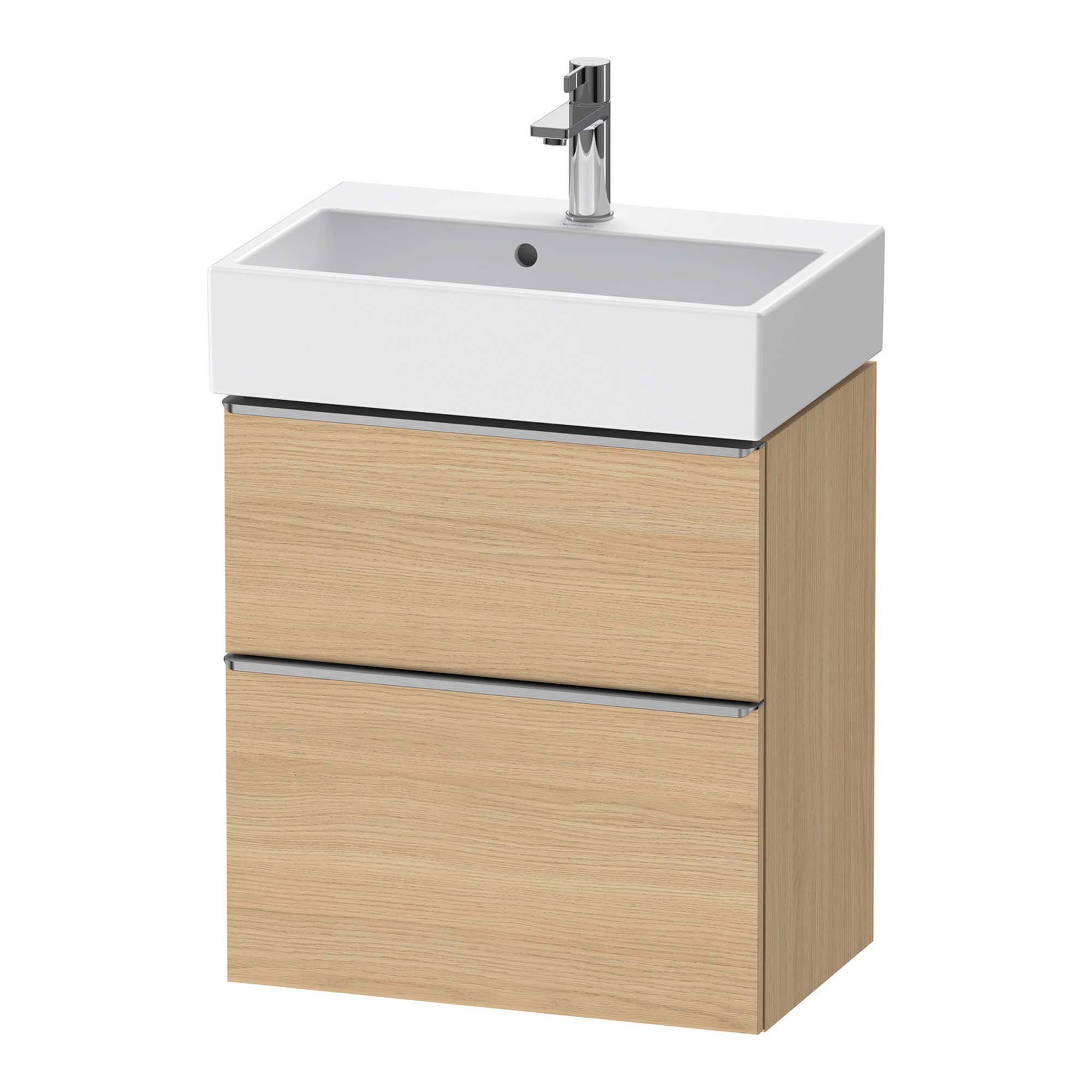 duravit d-neo 600 wall mounted vanity unit with vero basin natural oak stainless steel handles
