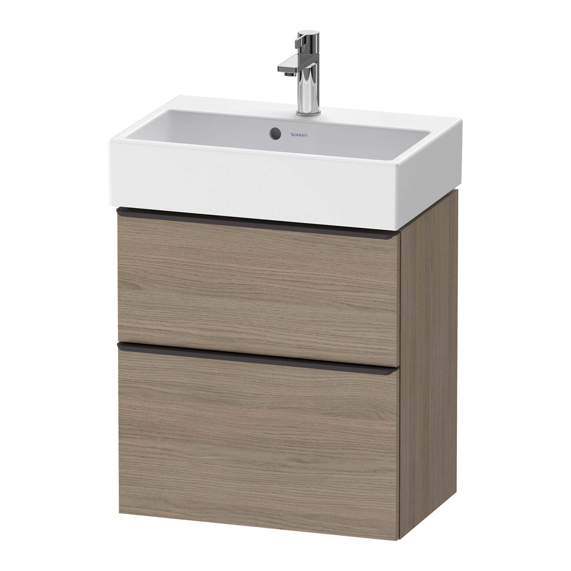 duravit d-neo 600 wall mounted vanity unit with vero basin oak terra diamond black handles