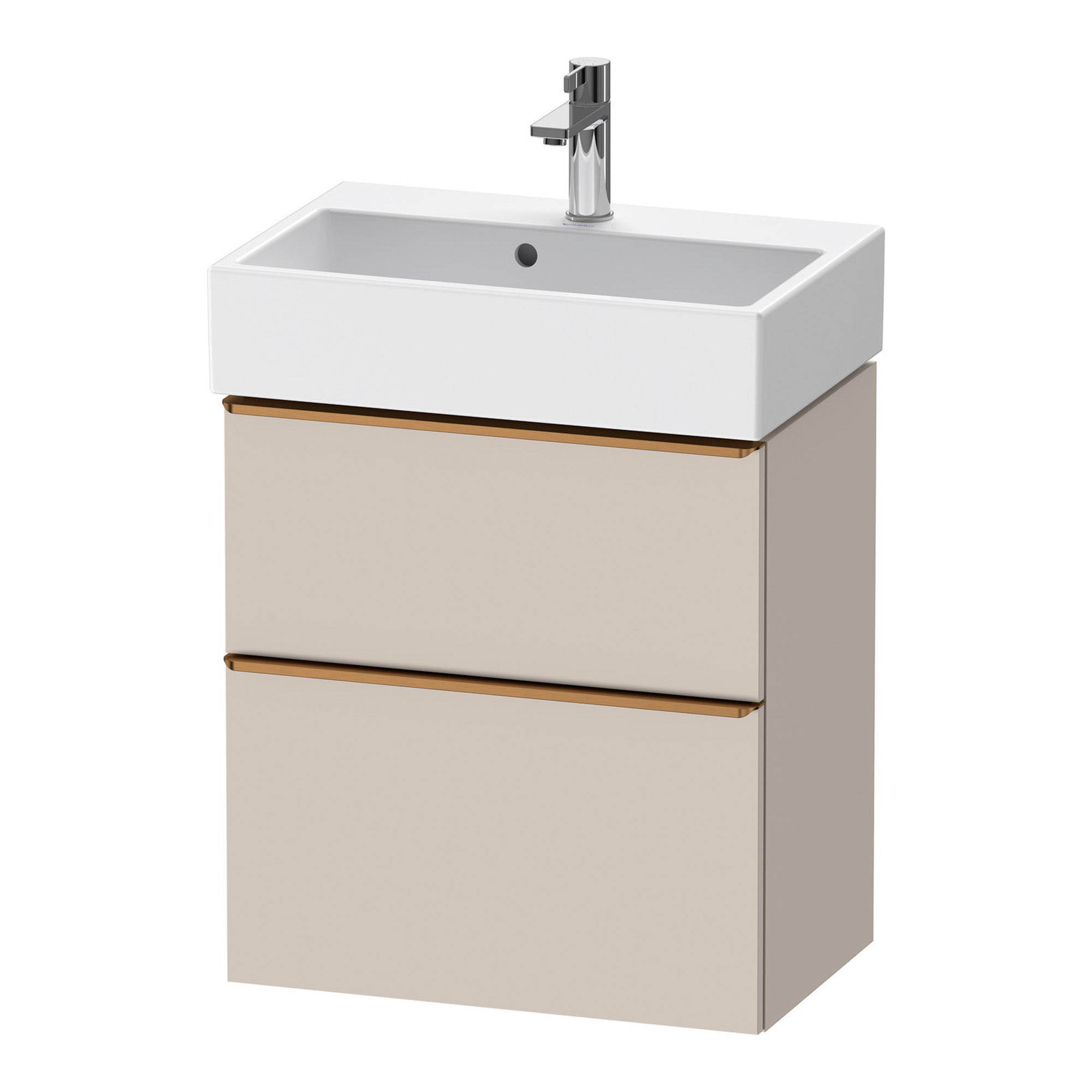 duravit d-neo 600 wall mounted vanity unit with vero basin taupe brushed bronze handles