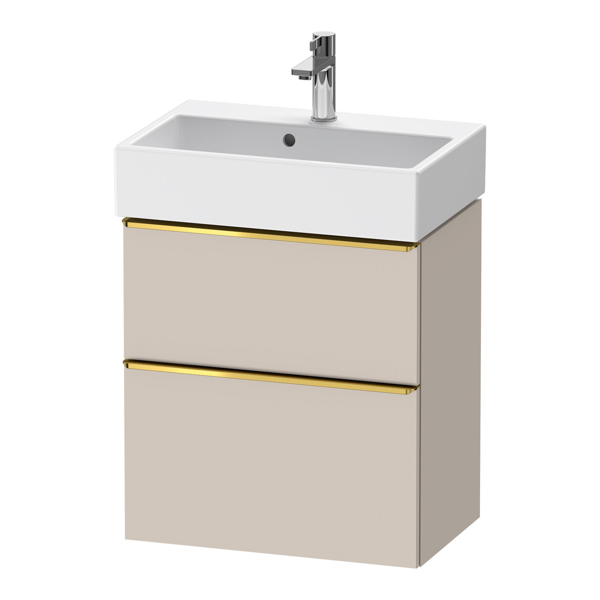 duravit d-neo 600 wall mounted vanity unit with vero basin taupe gold handles