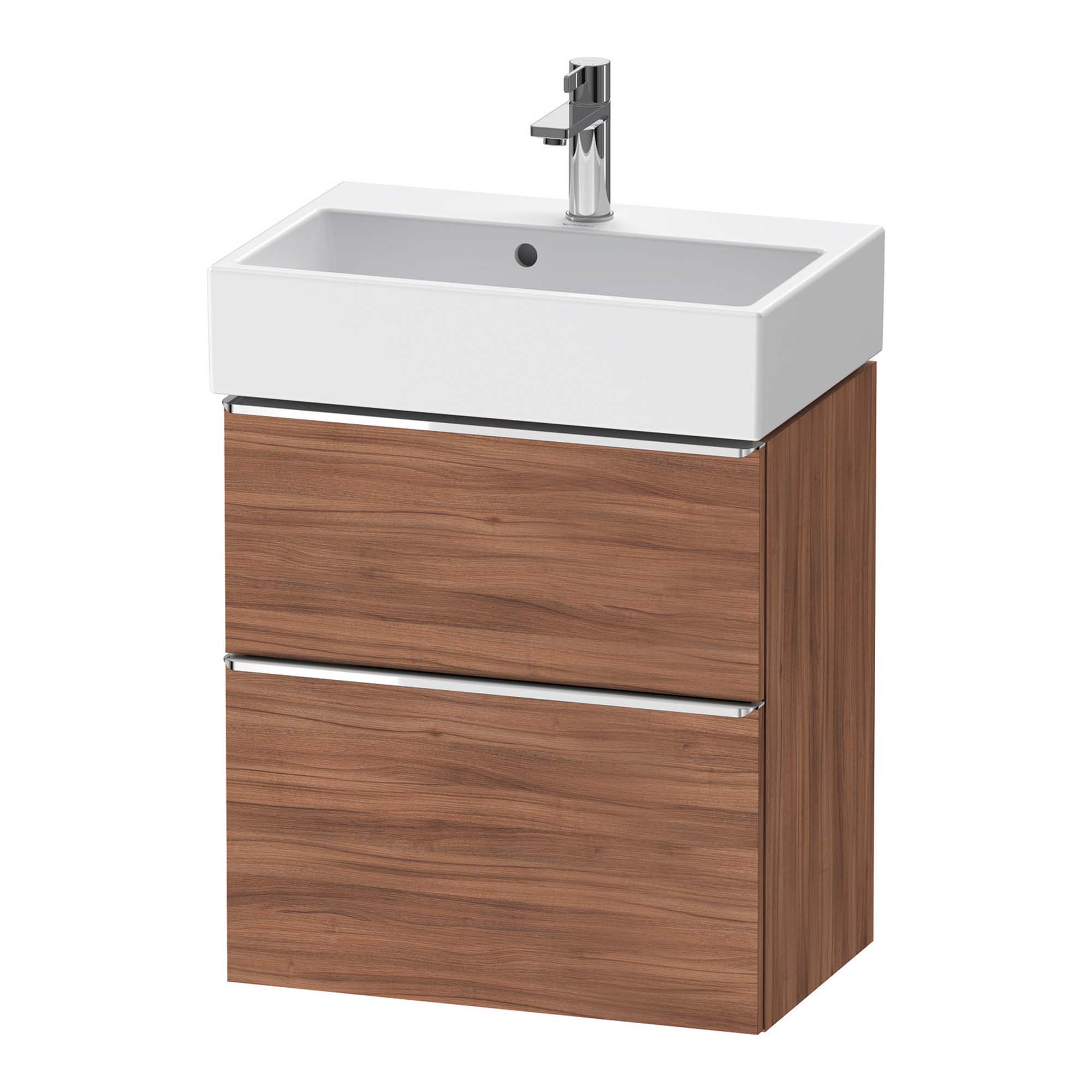 duravit d-neo 600 wall mounted vanity unit with vero basin walnut chrome handles
