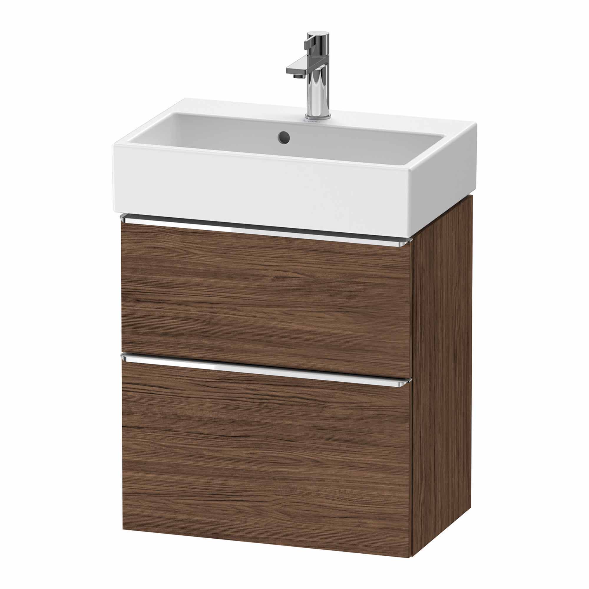 duravit d-neo 600 wall mounted vanity unit with vero basin walnut dark chrome handles