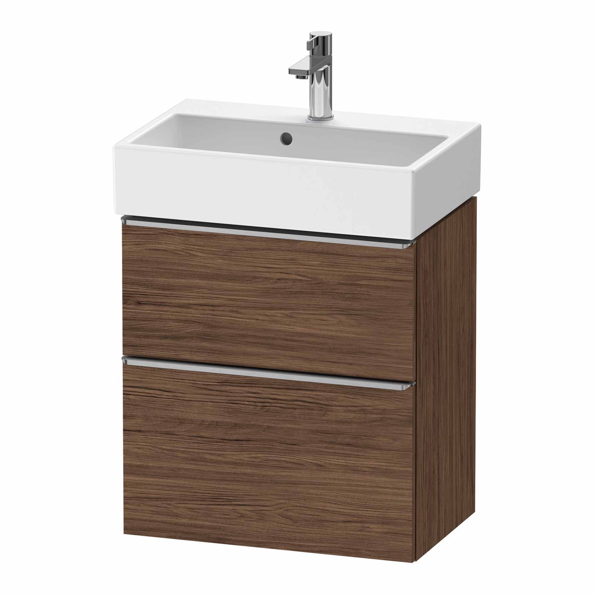 duravit d-neo 600 wall mounted vanity unit with vero basin walnut dark stainless steel handles