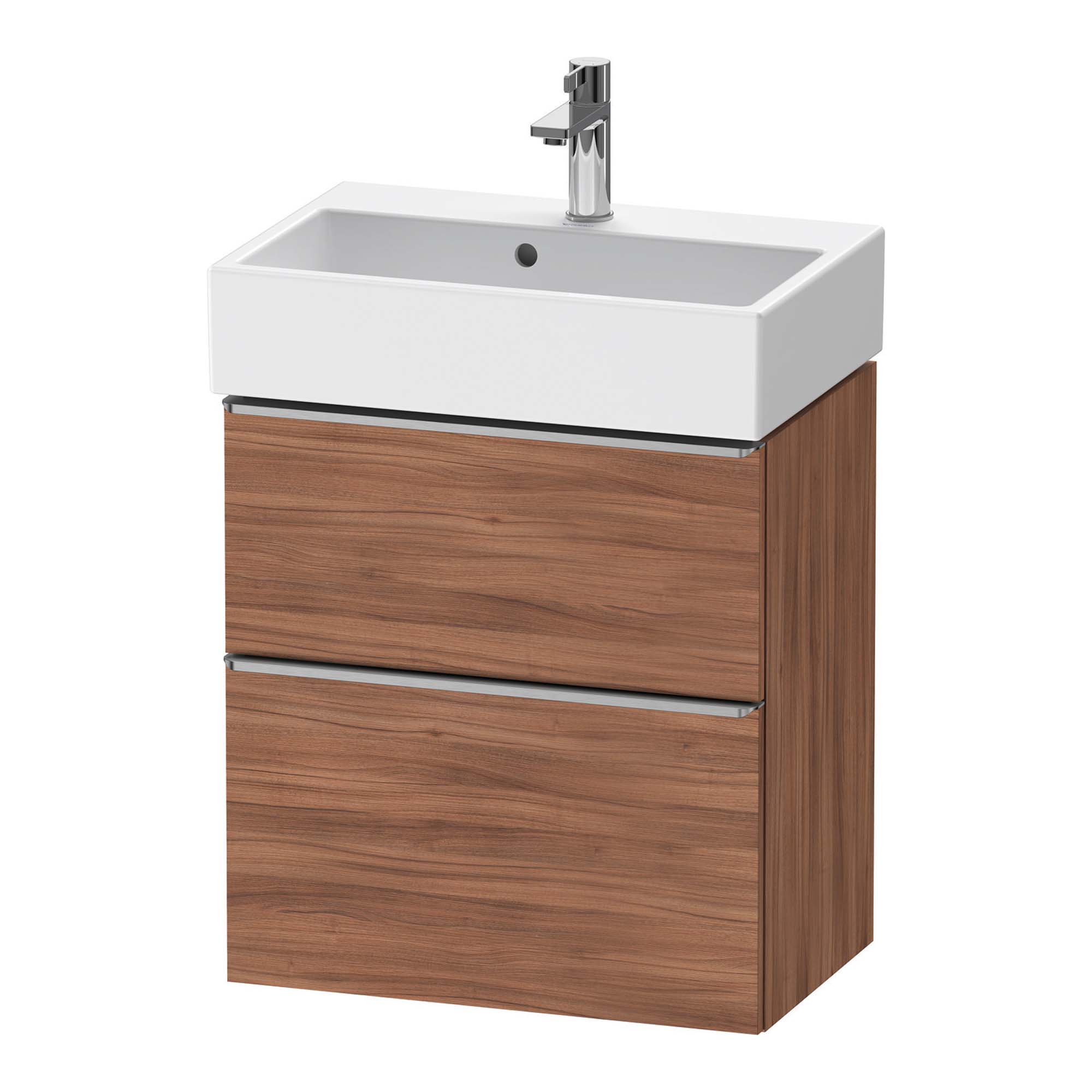 duravit d-neo 600 wall mounted vanity unit with vero basin walnut stainless steel handles