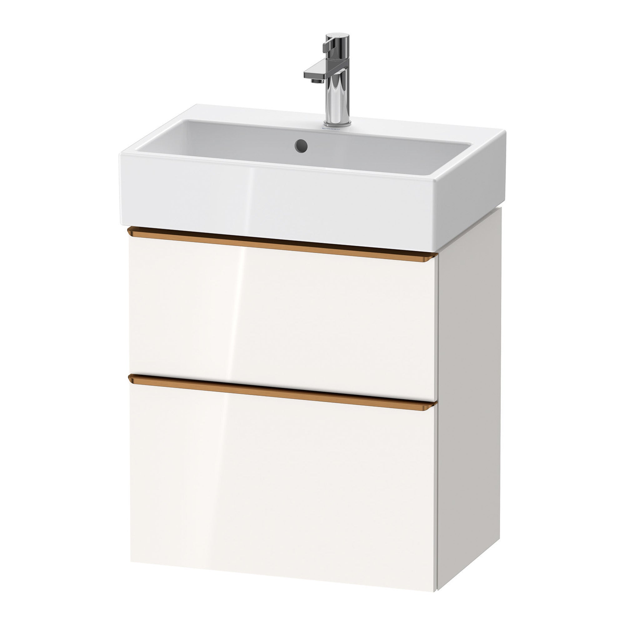 duravit d-neo 600 wall mounted vanity unit with vero basin white gloss brushed bronze handles