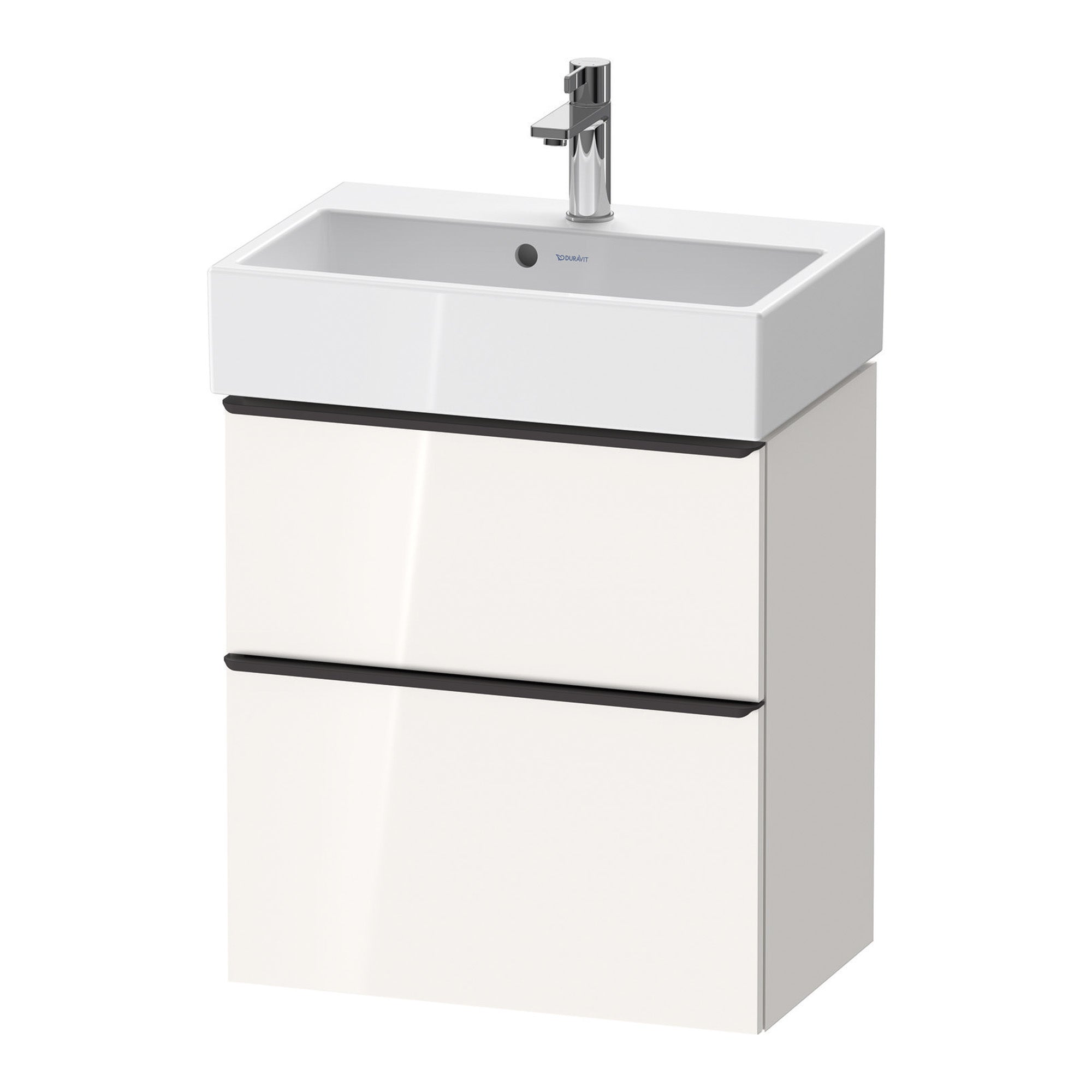 duravit d-neo 600 wall mounted vanity unit with vero basin white gloss diamond black handles