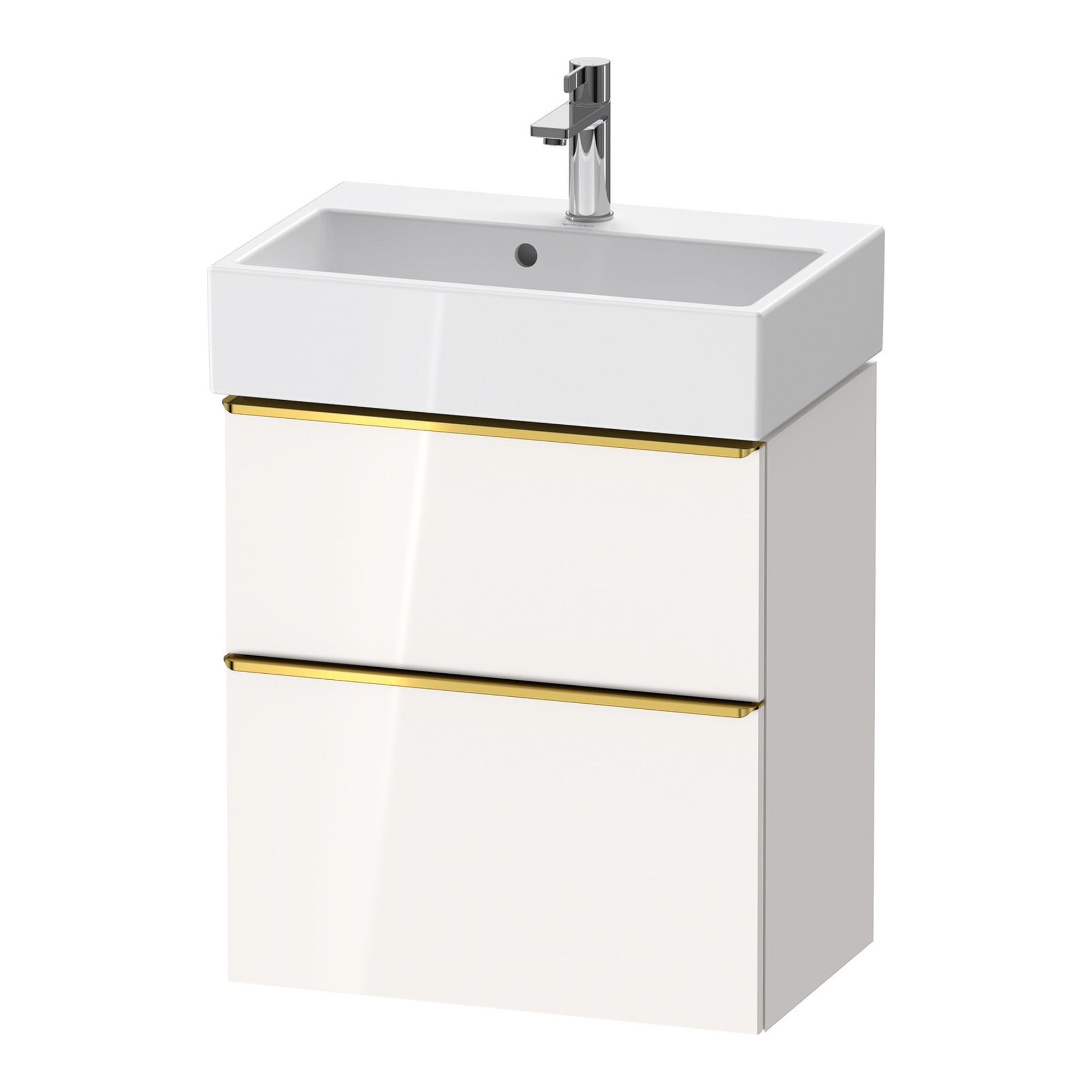 duravit d-neo 600 wall mounted vanity unit with vero basin white gloss gold handles