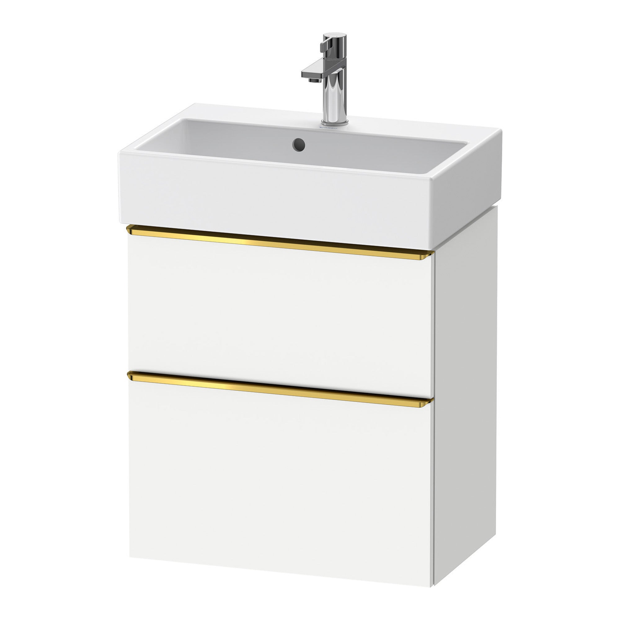 duravit d-neo 600 wall mounted vanity unit with vero basin white matt gold handles