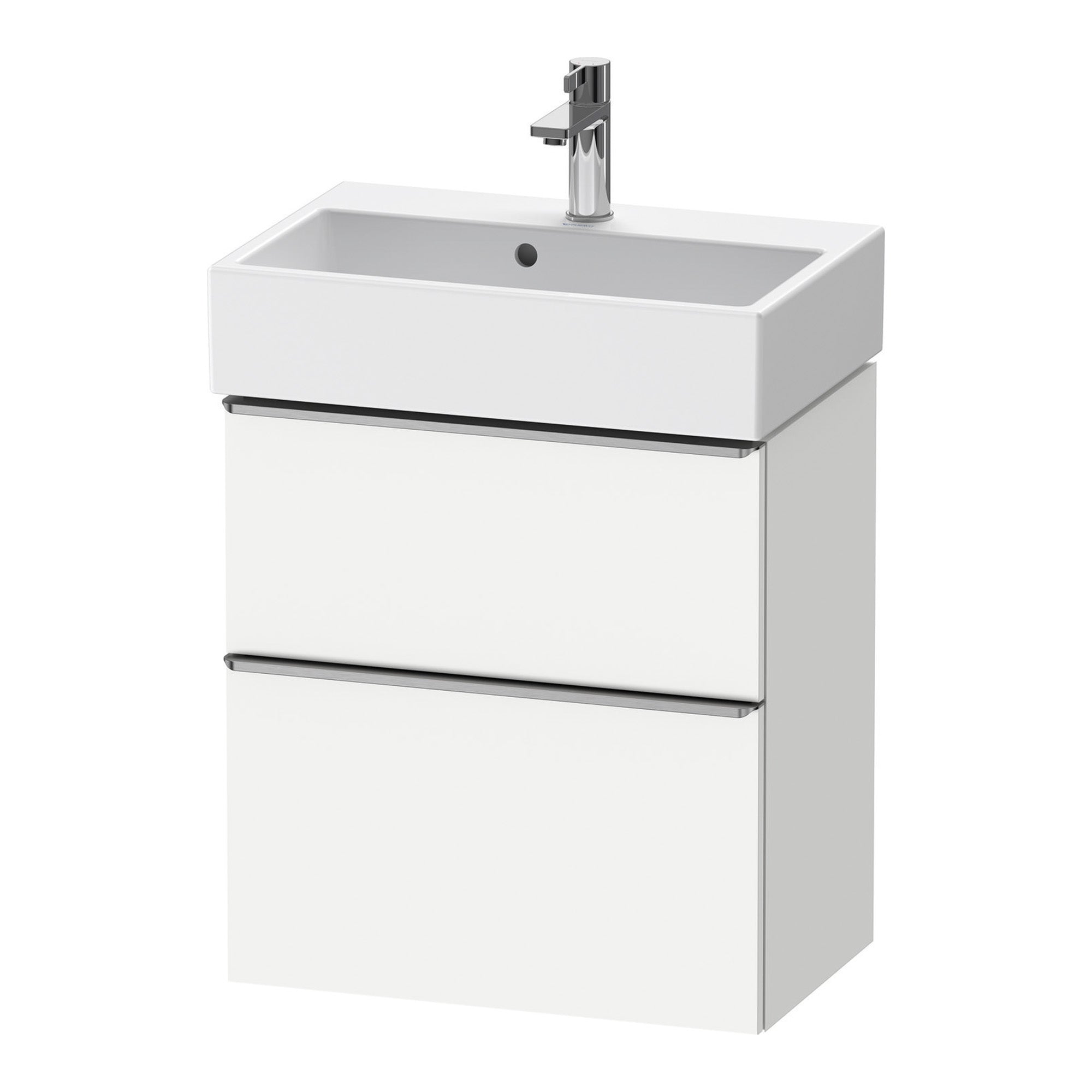 duravit d-neo 600 wall mounted vanity unit with vero basin white matt stainless steel handles