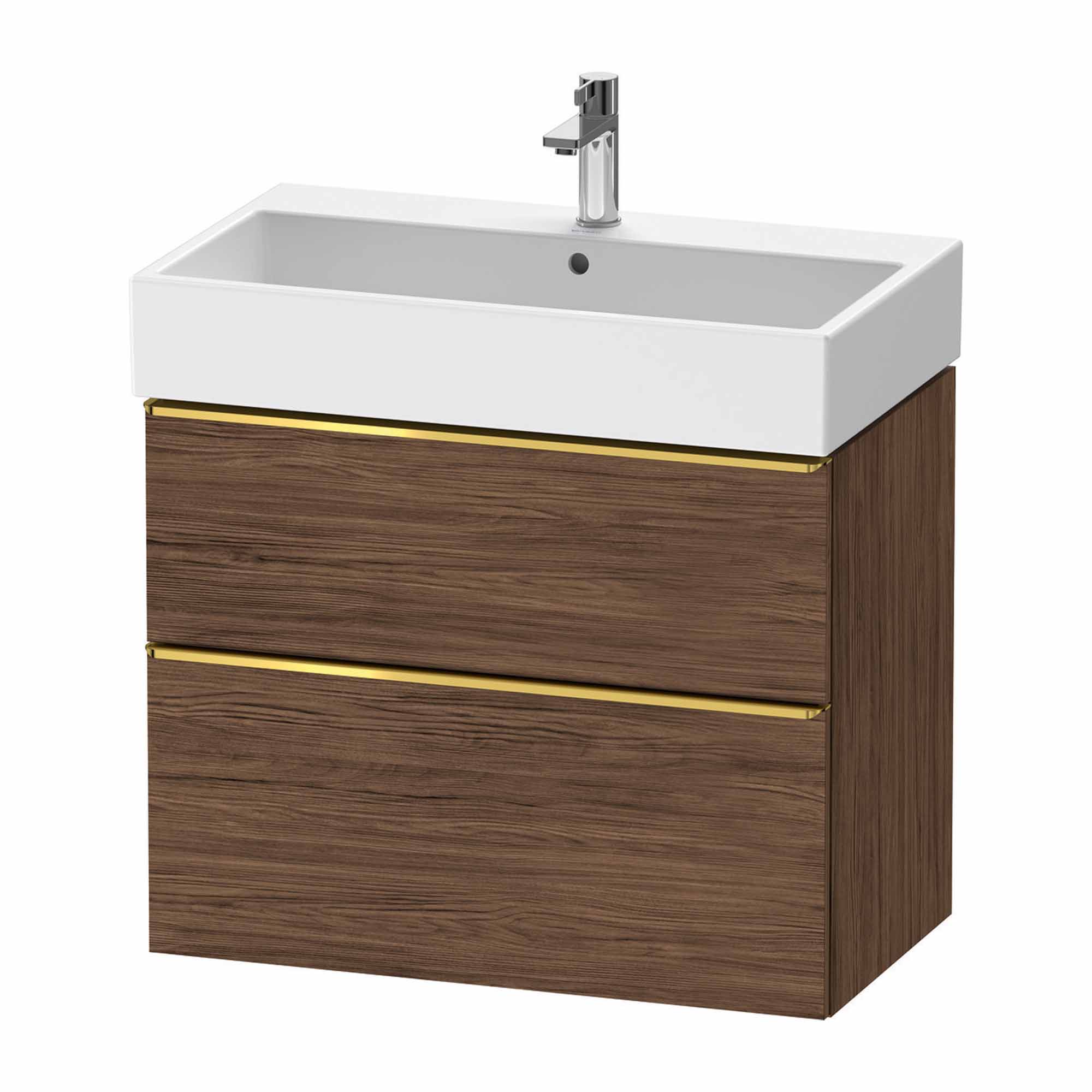 duravit d-neo 800 wall mounted vanity unit with vero basin walnut dark gold handles
