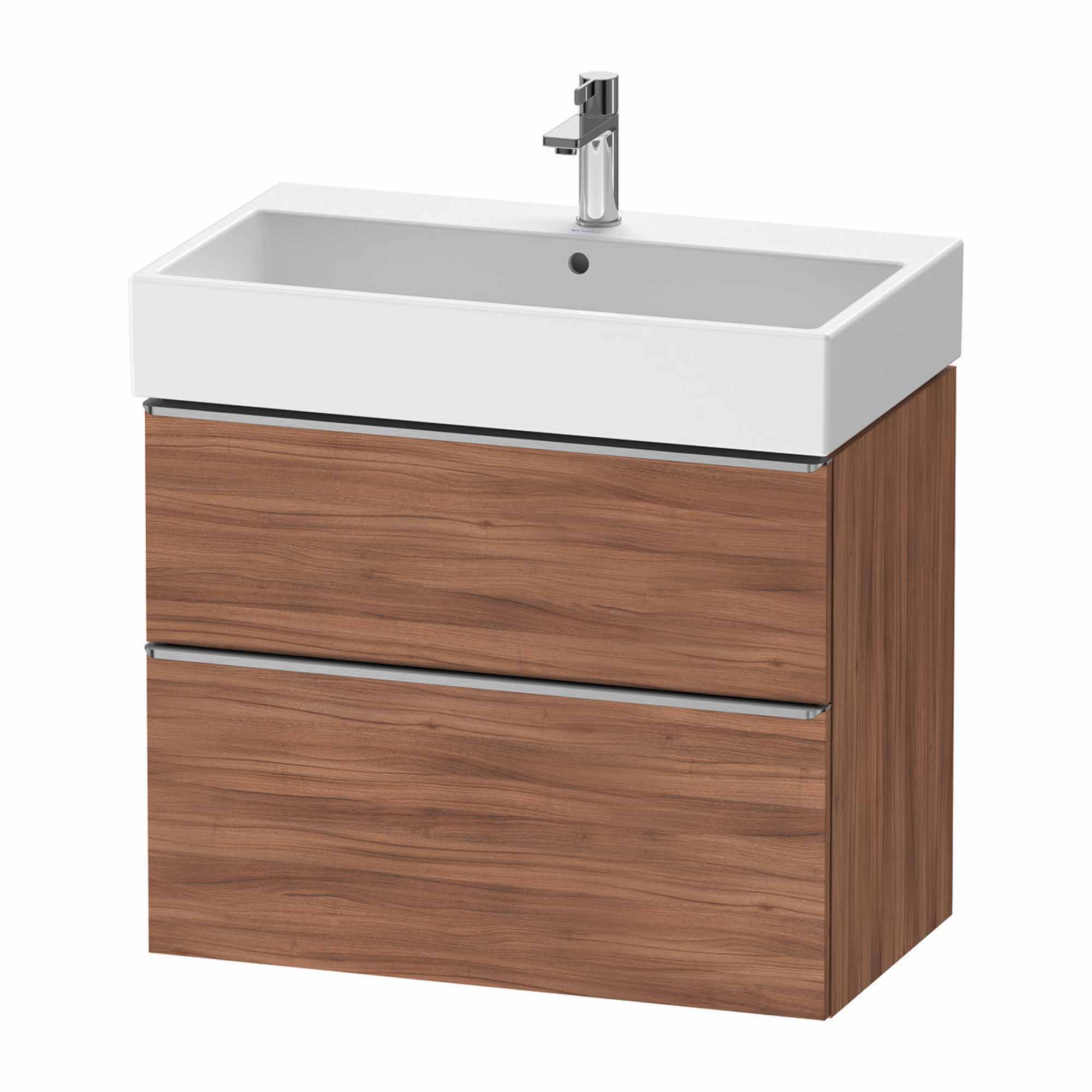 duravit d-neo 800 wall mounted vanity unit with vero basin walnut stainless steel handles