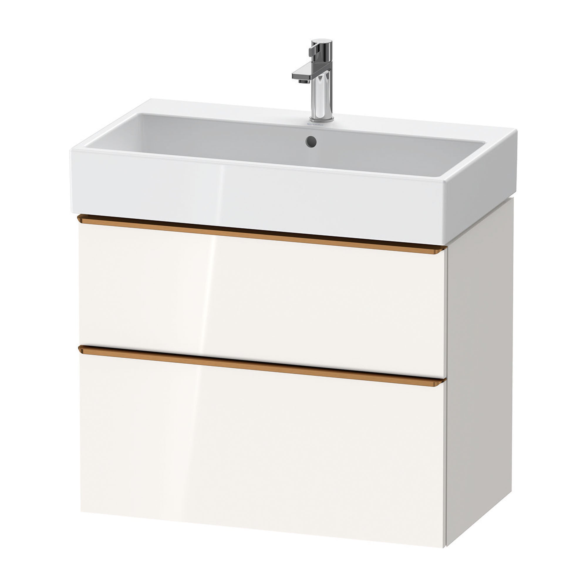 duravit d-neo 800 wall mounted vanity unit with vero basin white gloss brushed bronze handles