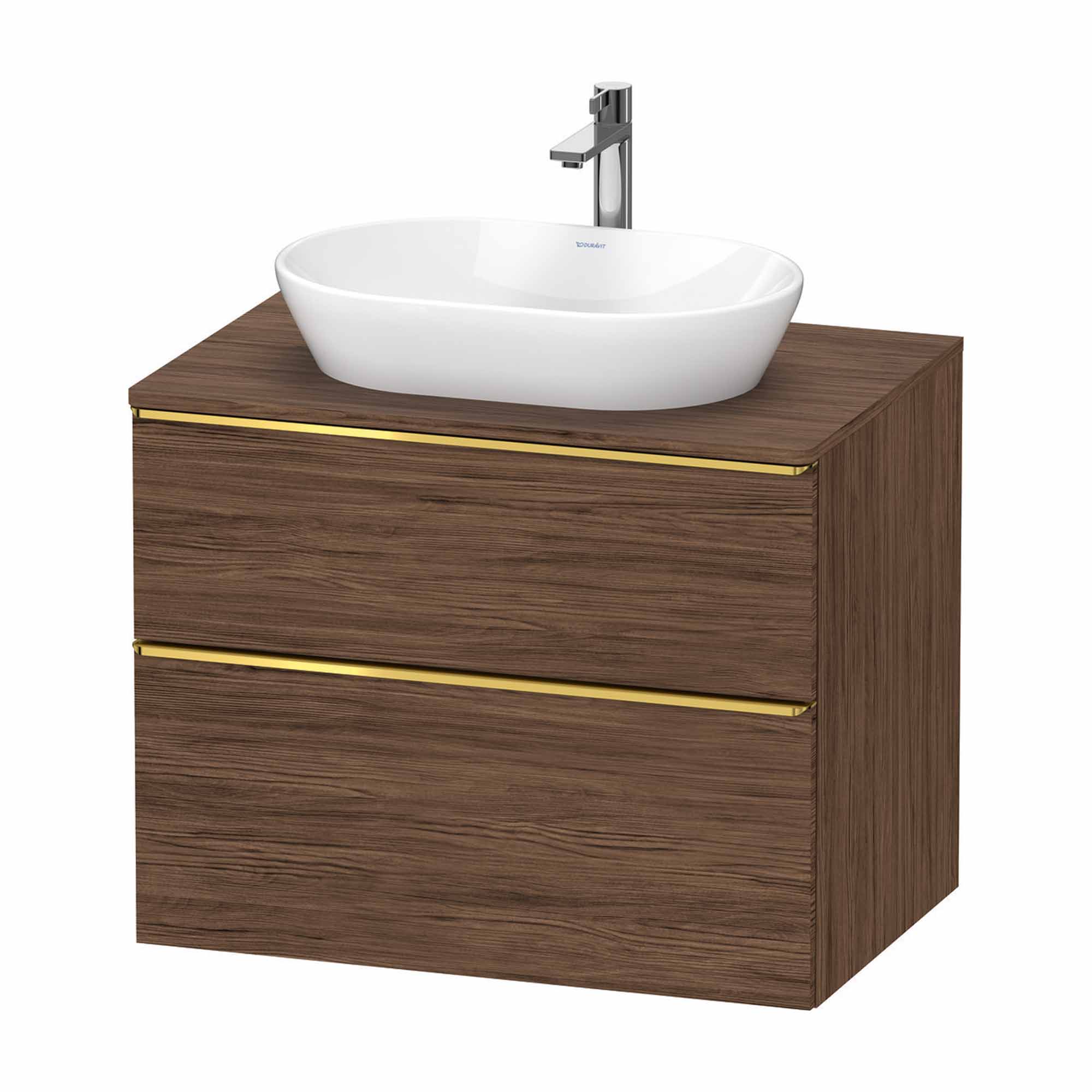 duravit d-neo 800 wall mounted vanity unit with worktop walnut dark matt gold handles