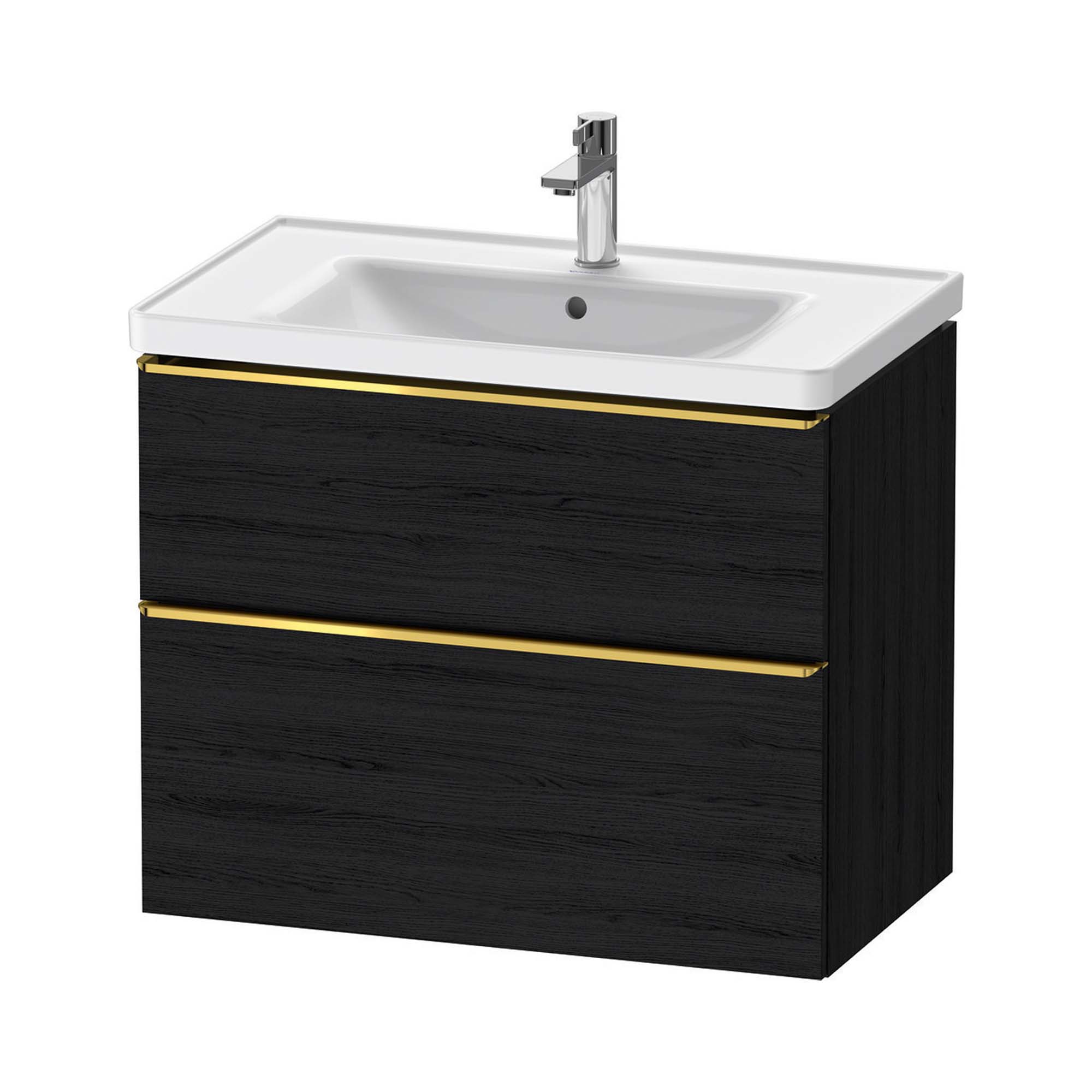 duravit d-neo 800mm wall mounted vanity unit with d-neo basin black oak gold handles