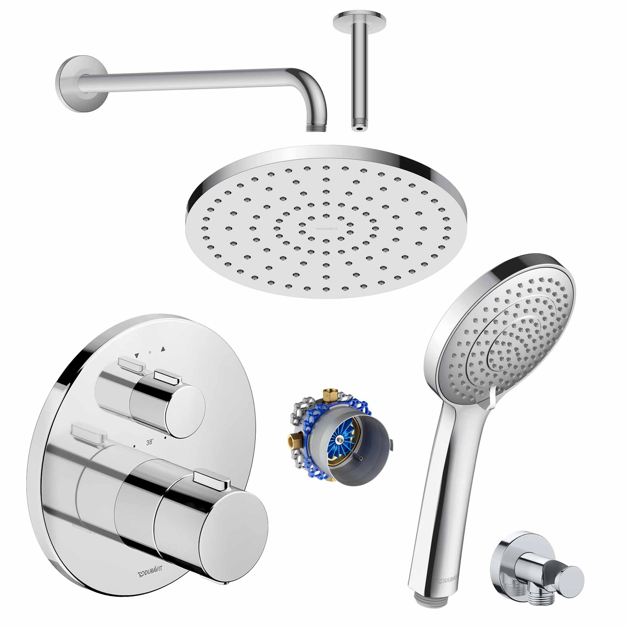 duravit round 2 outlet thermostatic shower valve with fixed overhead and handset chrome