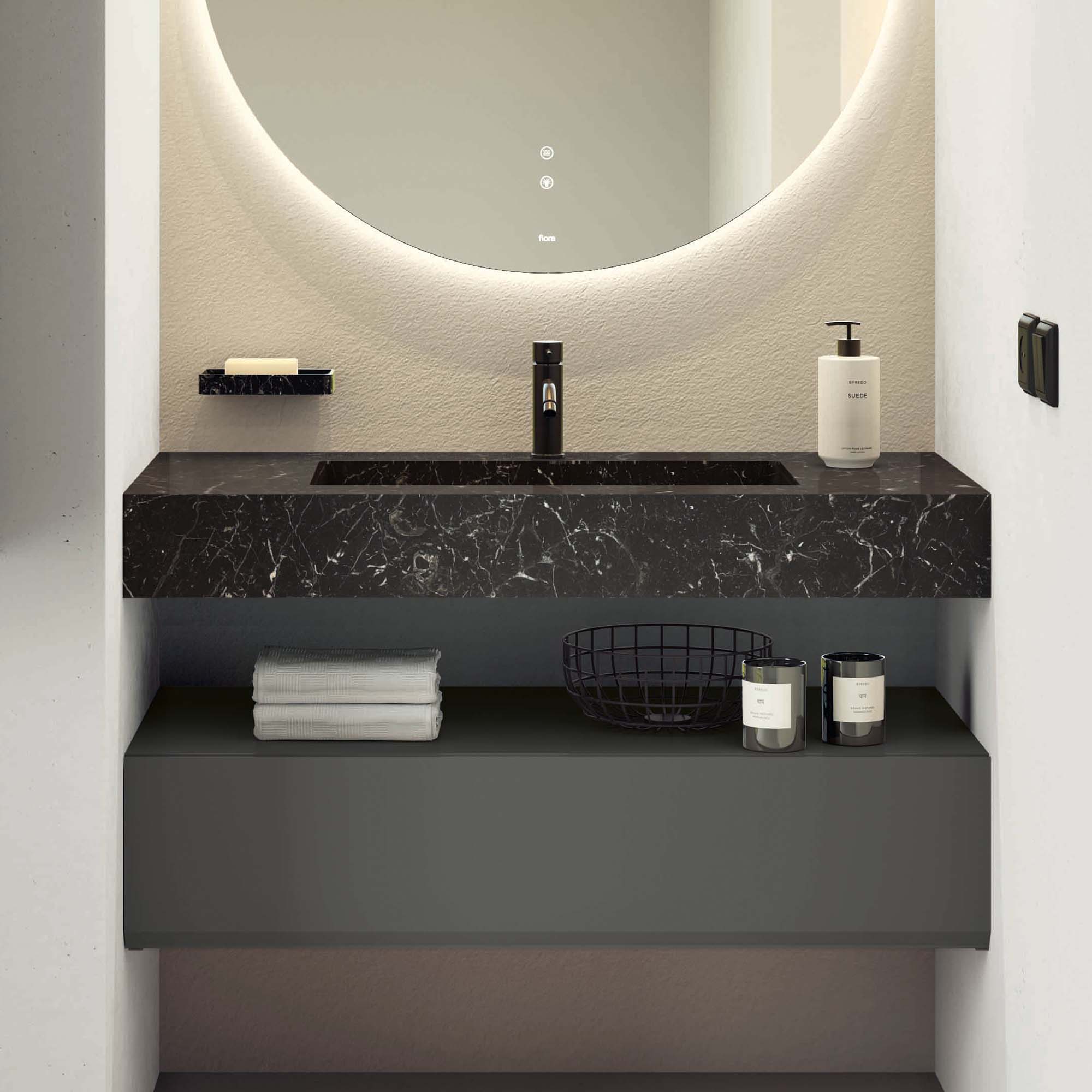fiora making suspended vanity unit with floating negro marquina worktop cenere