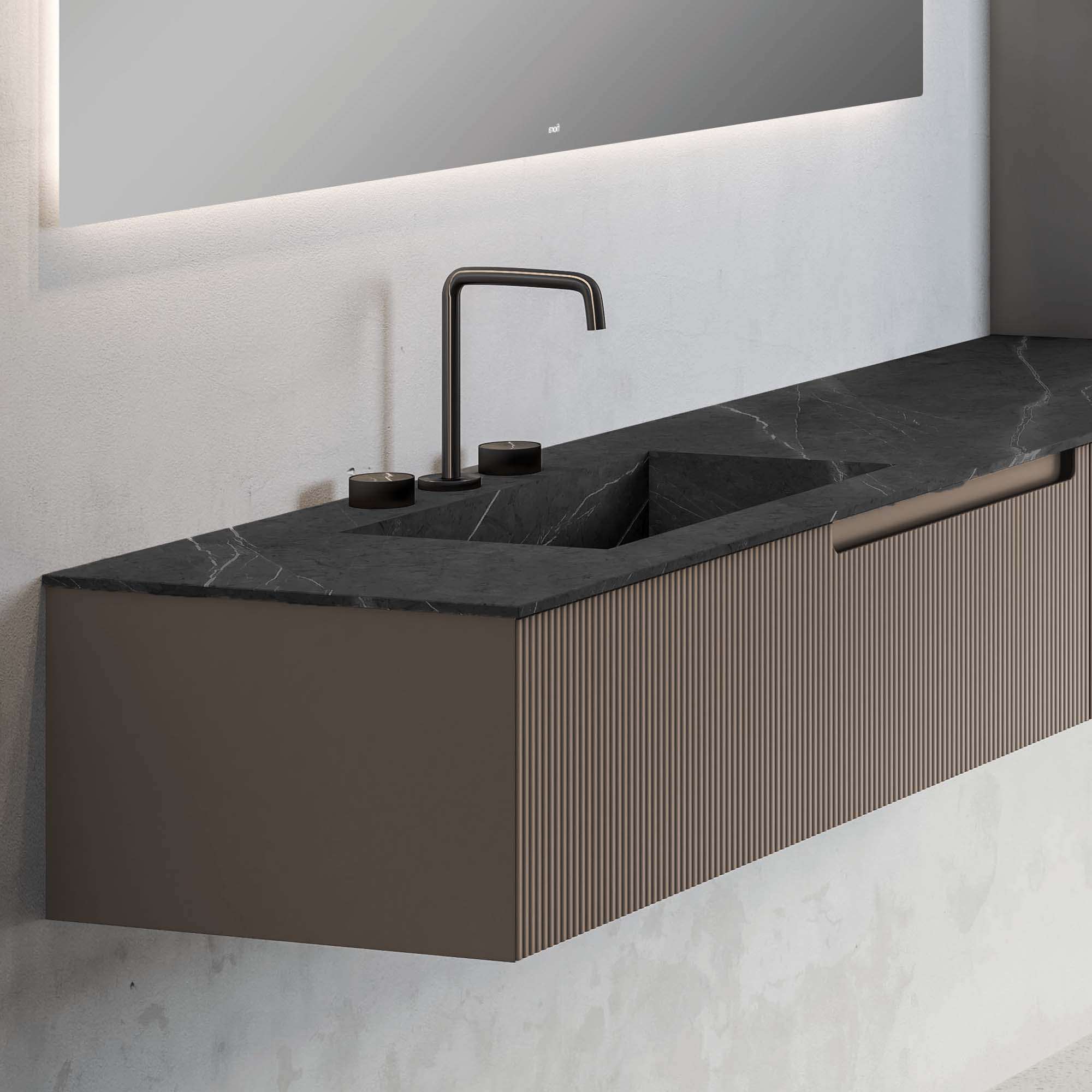 fiora synergy designer wall mounted 1 drawer vanity unit cenere with nero marquina top with basin capuccino