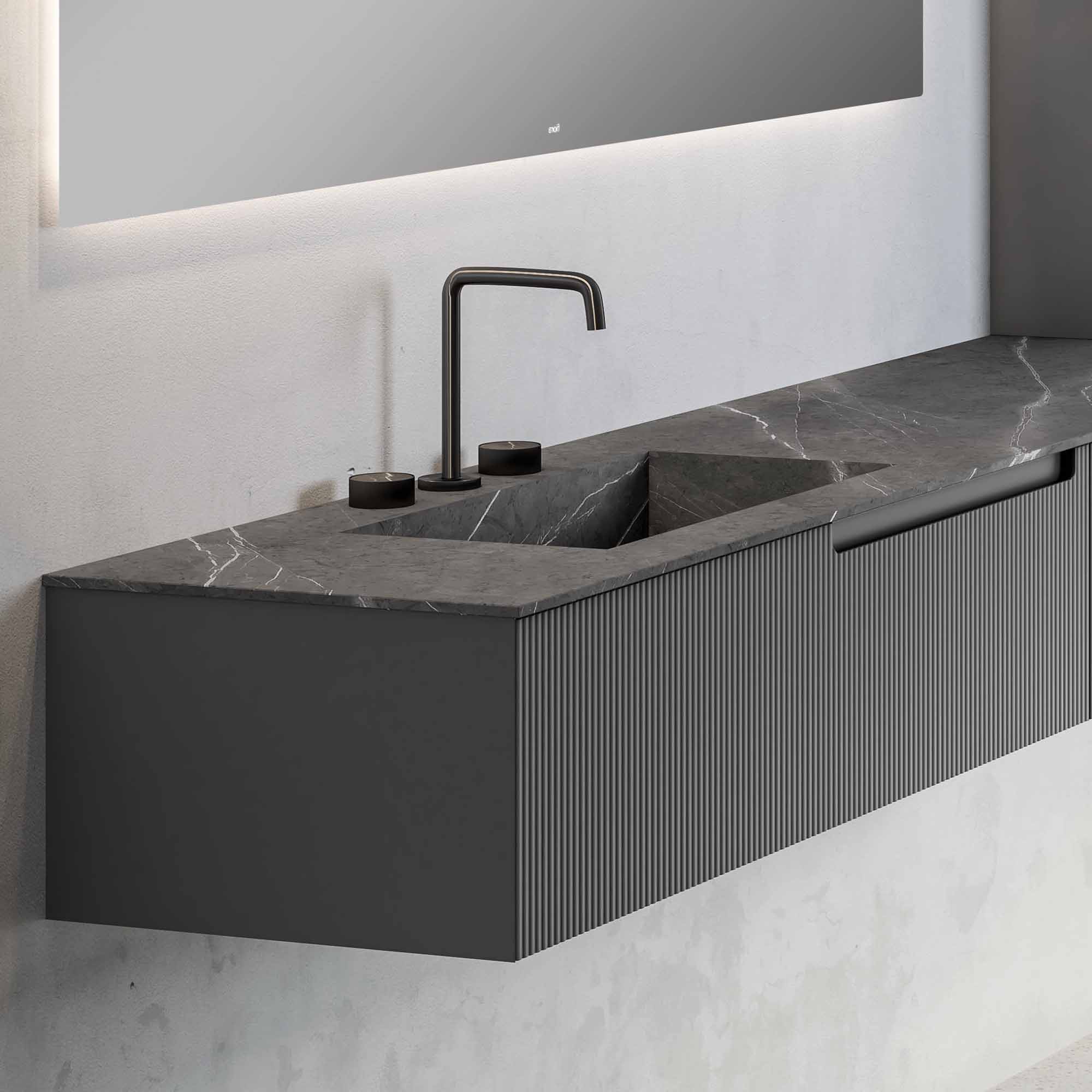 fiora synergy designer wall mounted 1 drawer vanity unit cenere with pietra gris top with basin