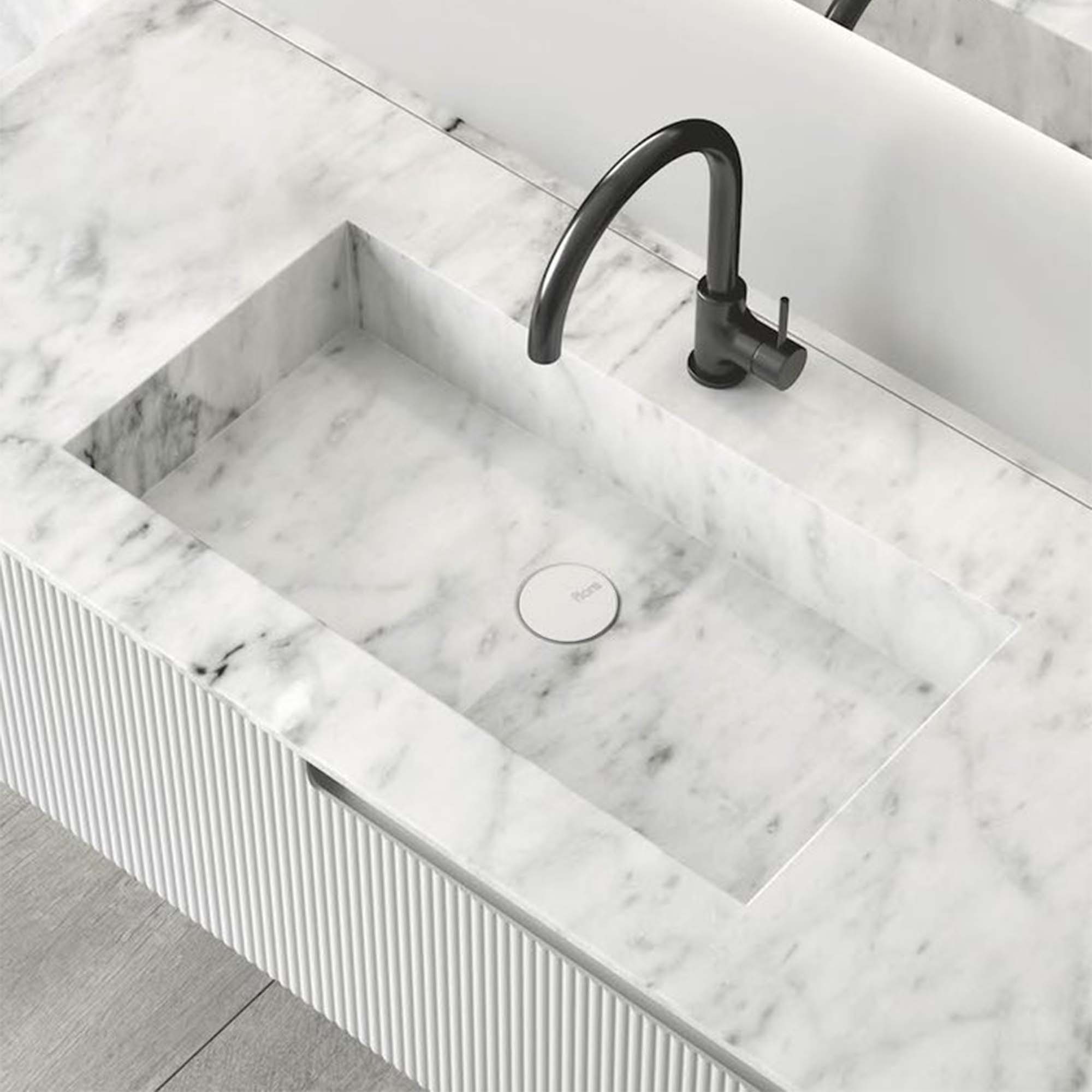 fiora synergy designer wall mounted 2 drawer vanity unit with blanco carrara top and built in basin