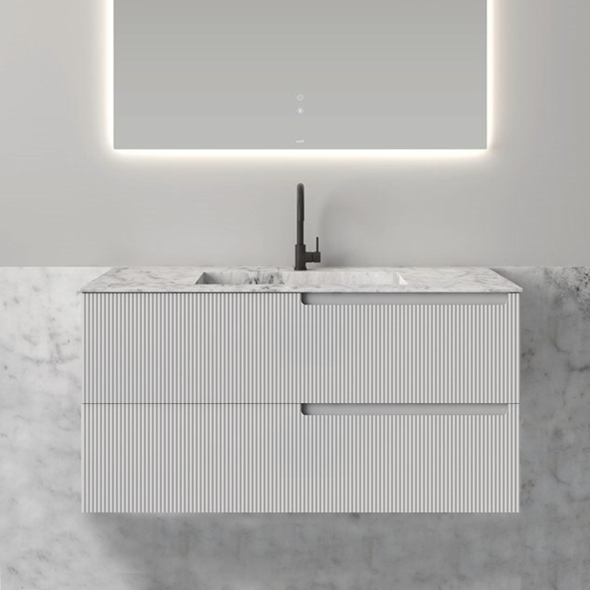 fiora synergy designer wall mounted 2 drawer vanity unit with blanco carrara top and built in basin
