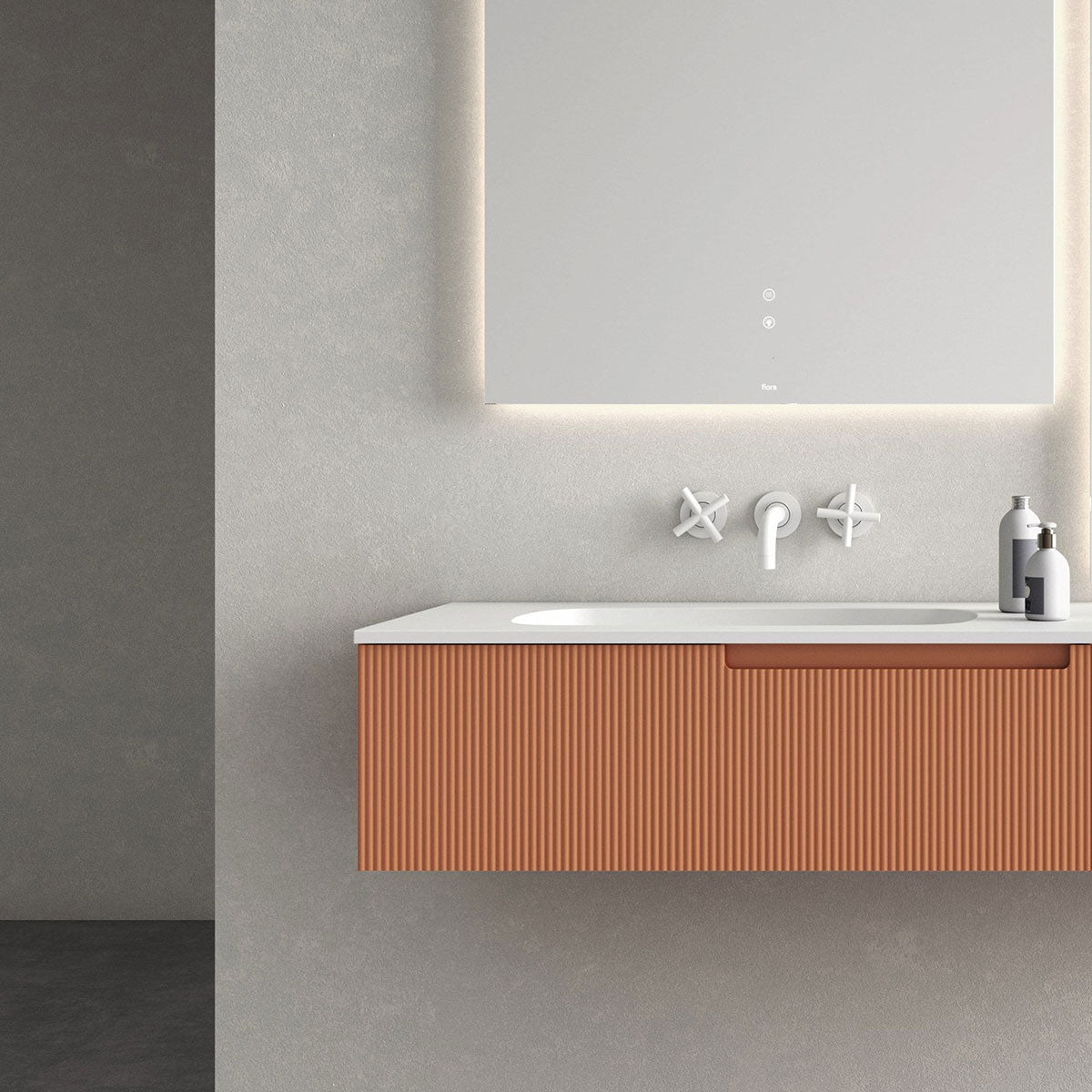 Fiora Synergy Designer Wall Mounted 1-Drawer Vanity Unit with Ceramic Top and Built-In Basin
