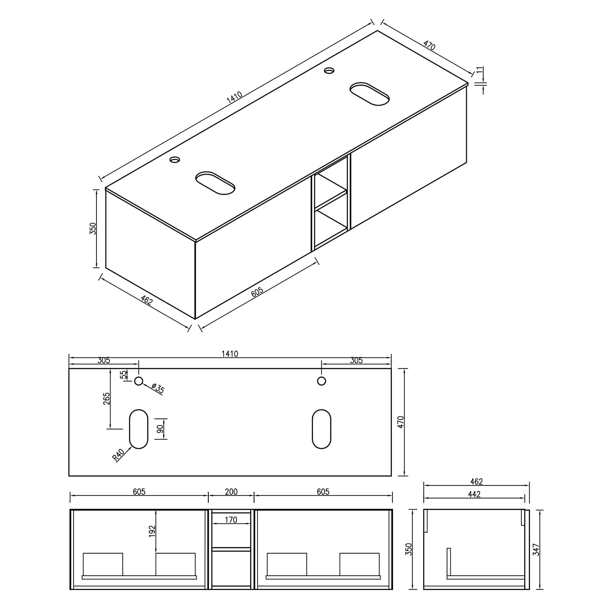 florence 1400 wall mounted double vanity unit with stone worktop and central open shelf dimensions