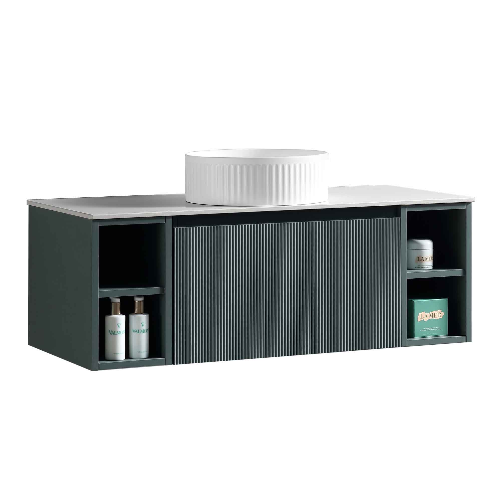 florence 1000 wall mounted vanity unit with stone worktop and 2 open shelves smoked sage