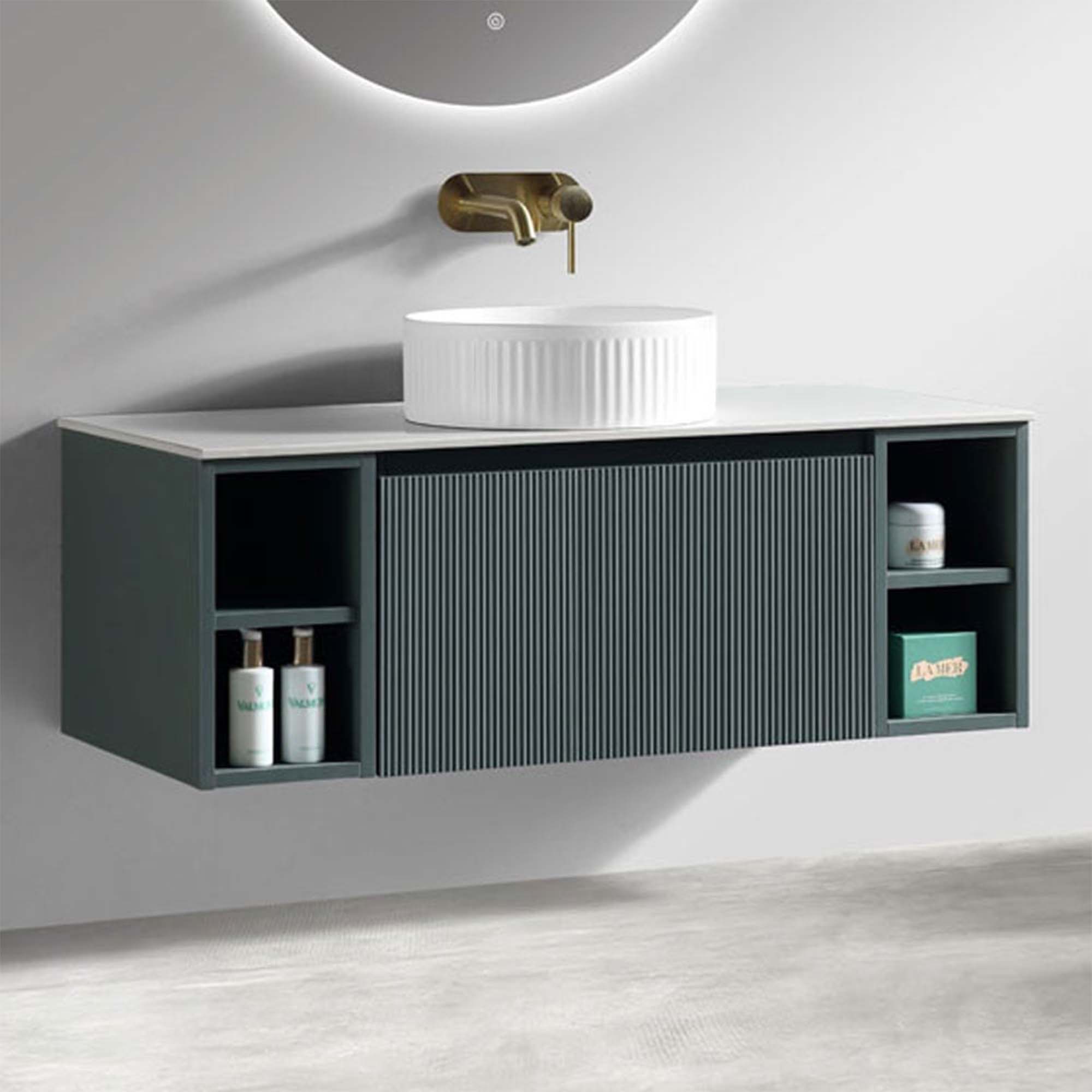 florence 1000 wall mounted vanity unit with stone worktop and 2 open shelves smoked sage