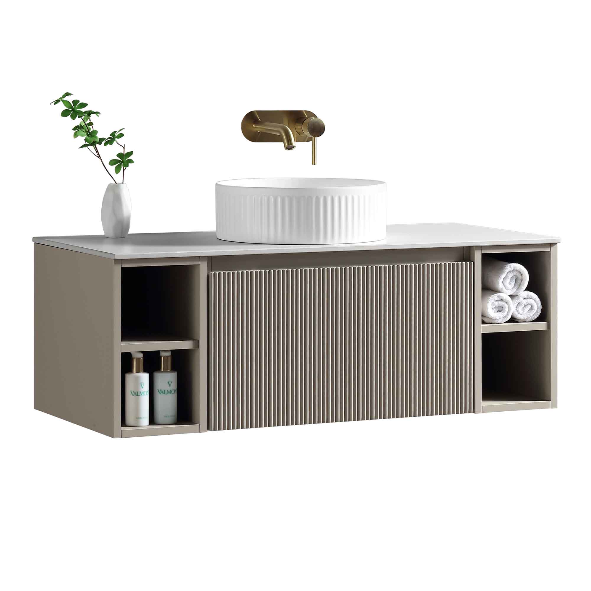 florence 1000 wall mounted vanity unit with stone worktop and 2 open shelves soft coffee