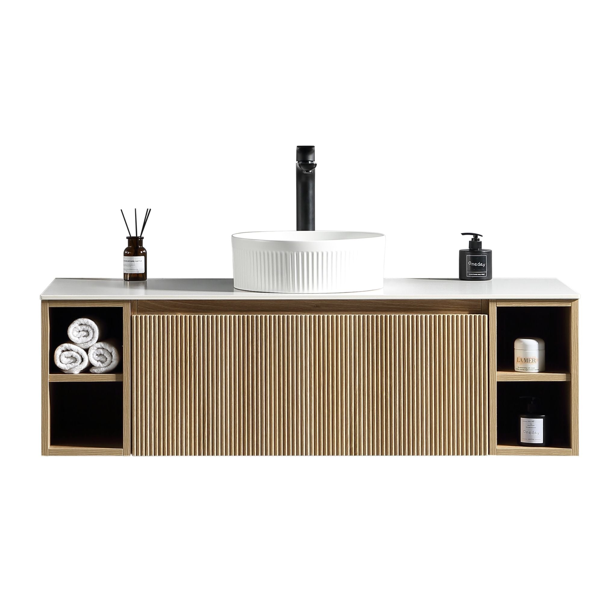 florence 1200mm wall mounted vanity unit with stone worktop and 2 open shelves country oak