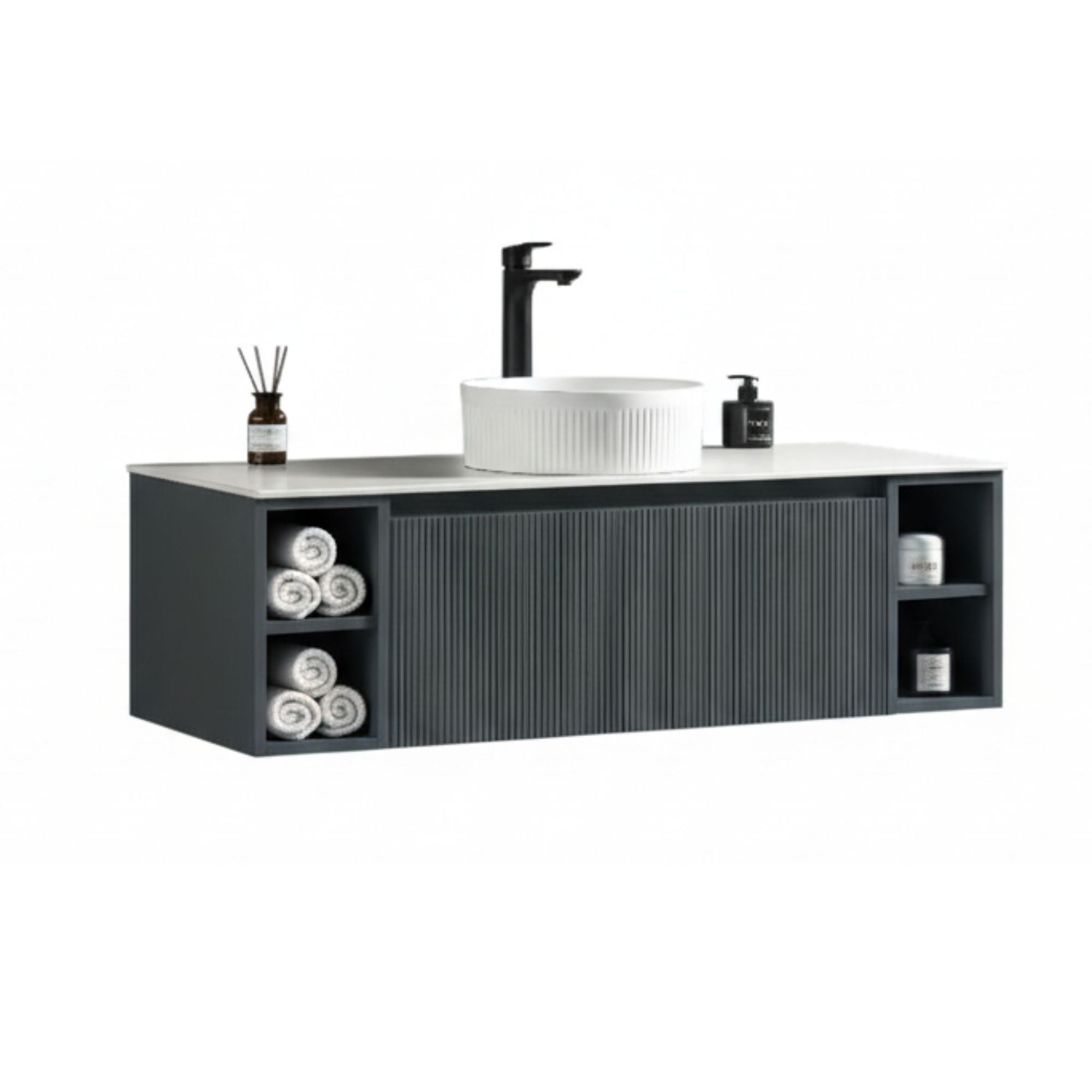 florence 1200 wall mounted vanity unit with stone worktop and 2 open shelves smoked sage