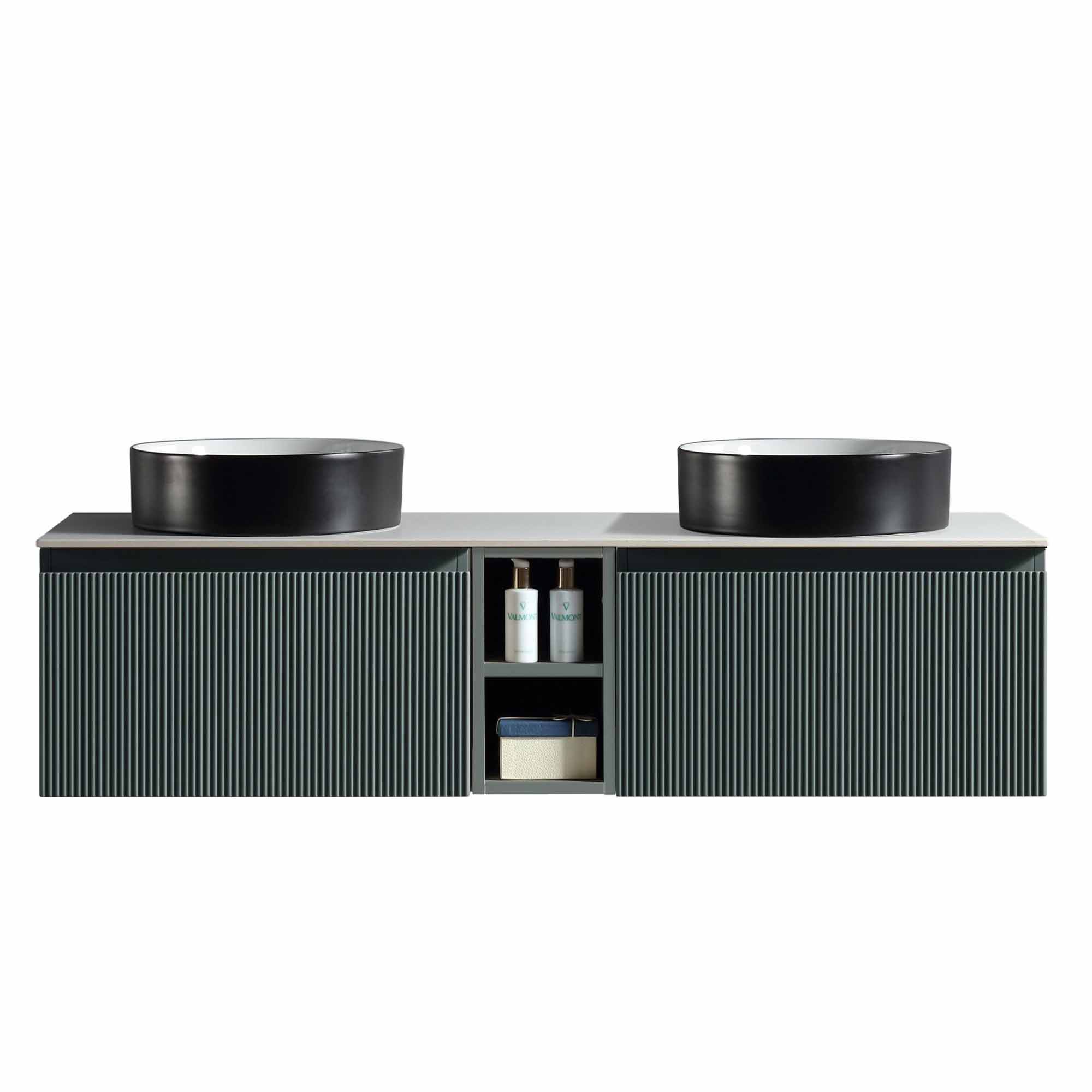 florence 1400 wall mounted double vanity unit with stone worktop and central open shelf smoked sage