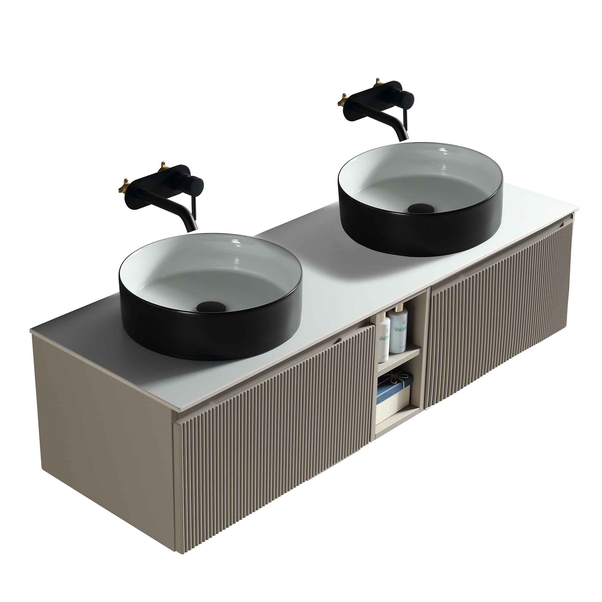 florence 1400 wall mounted double vanity unit with stone worktop and central open shelf soft coffee