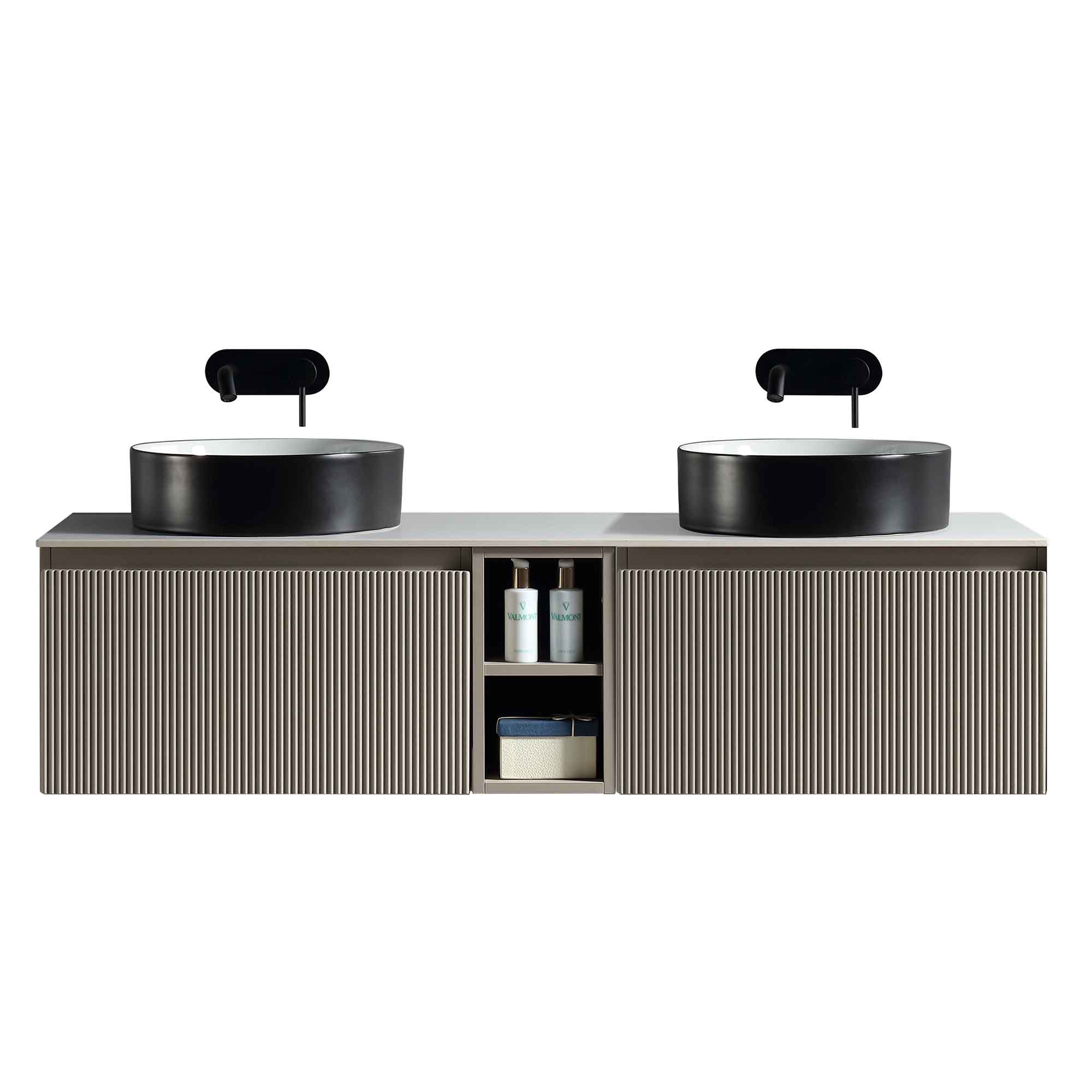 florence 1400 wall mounted double vanity unit with stone worktop and central open shelf soft coffee