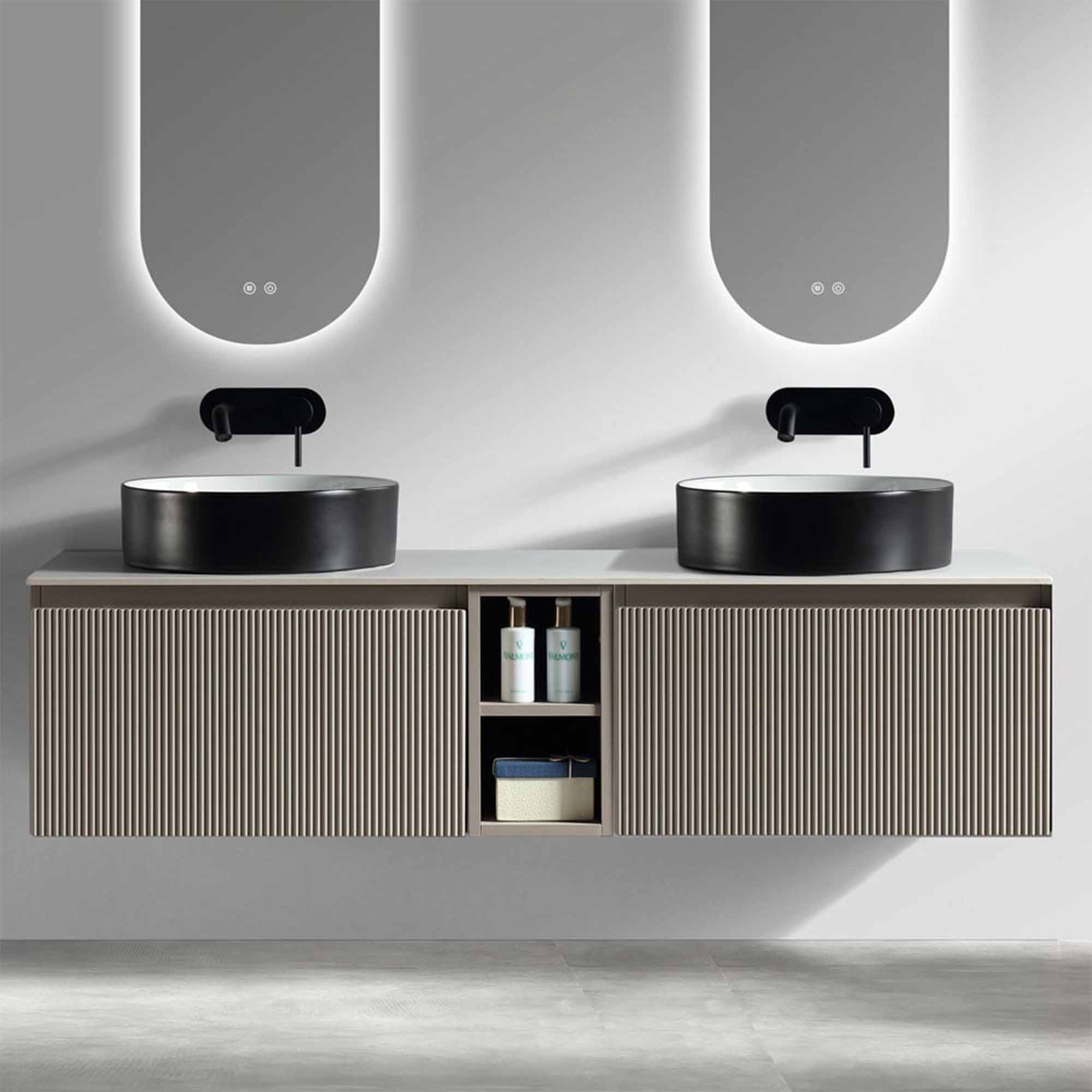 florence 1400 wall mounted double vanity unit with stone worktop and central open shelf soft coffee