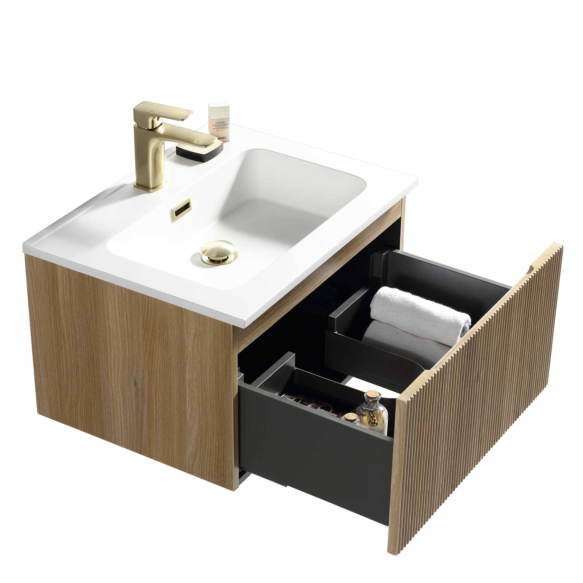 florence 600mm country oak fluted wall mounted vanity unit with matt white poly marble washbasin