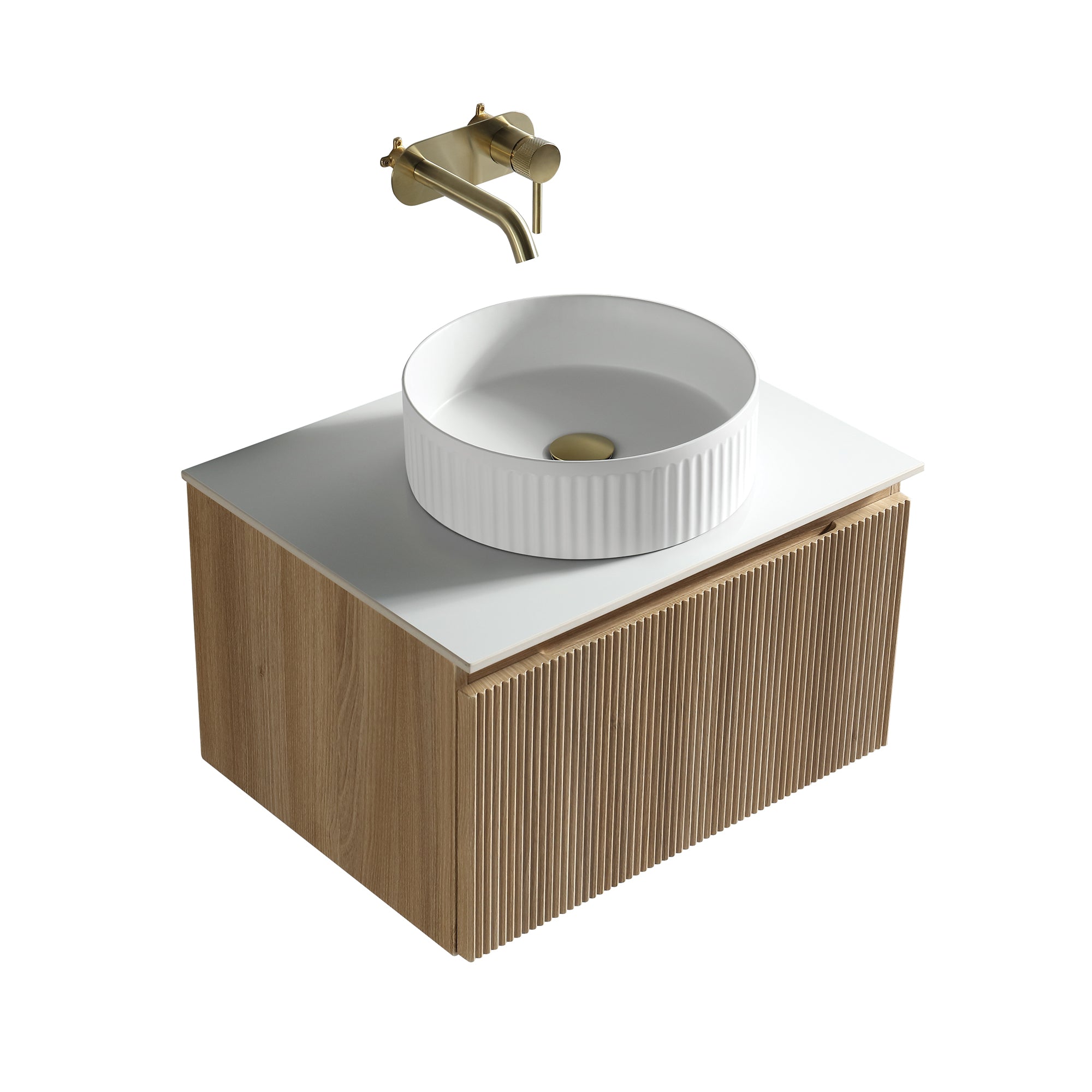 florence 600mm country oak fluted wall mounted vanity unit with sintered stone countertop