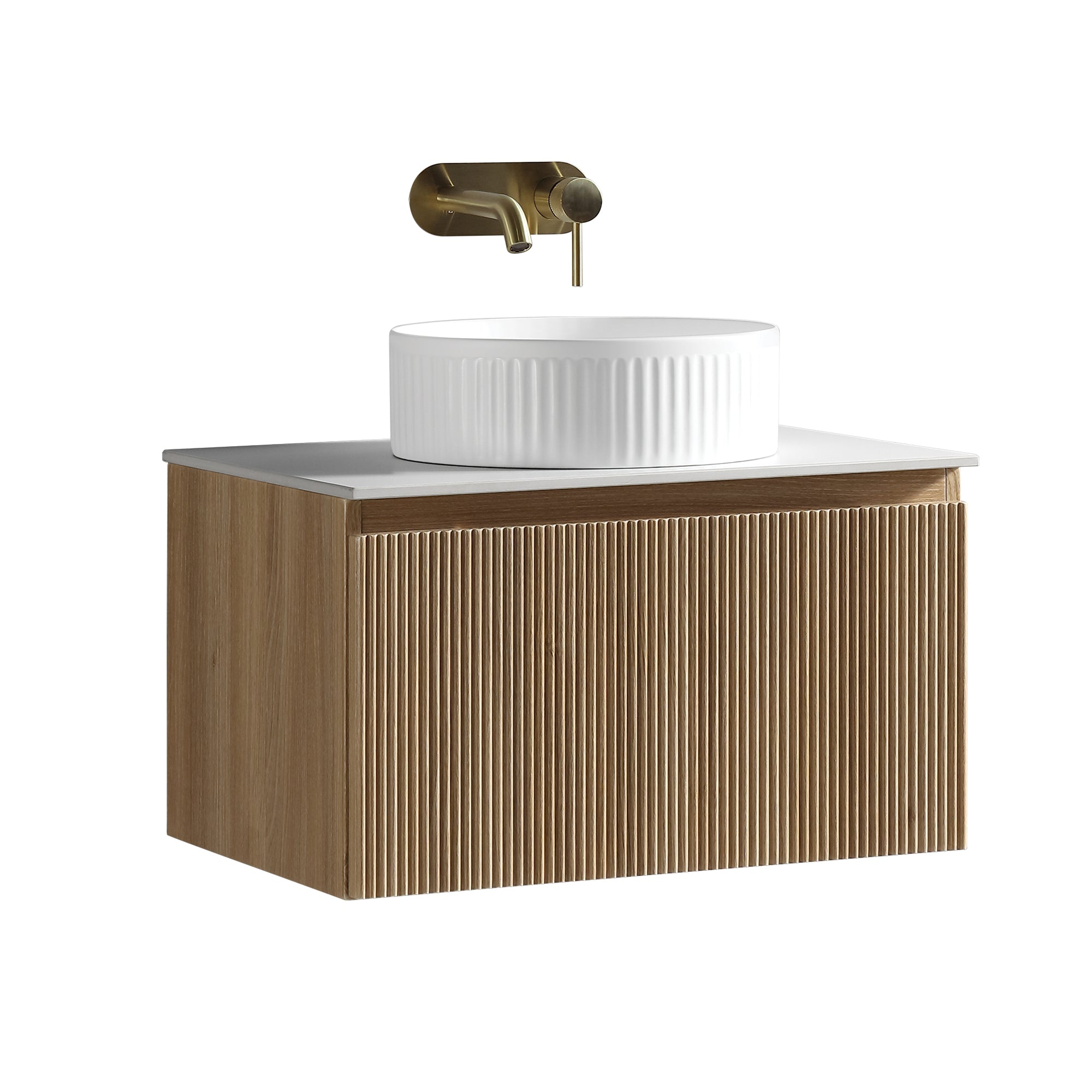 florence 600mm country oak fluted wall mounted vanity unit with sintered stone countertop