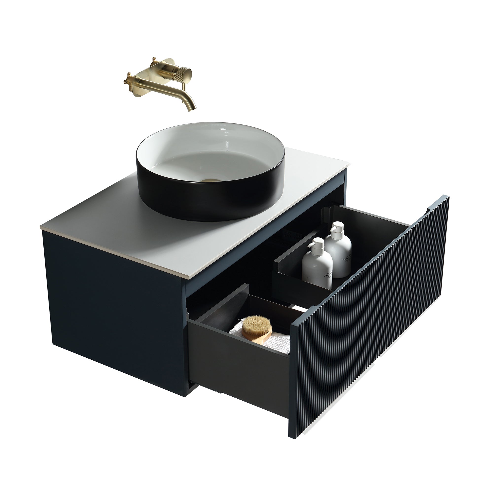 florence 600mm midnight shadow fluted wall mounted vanity unit with sintered stone countertop