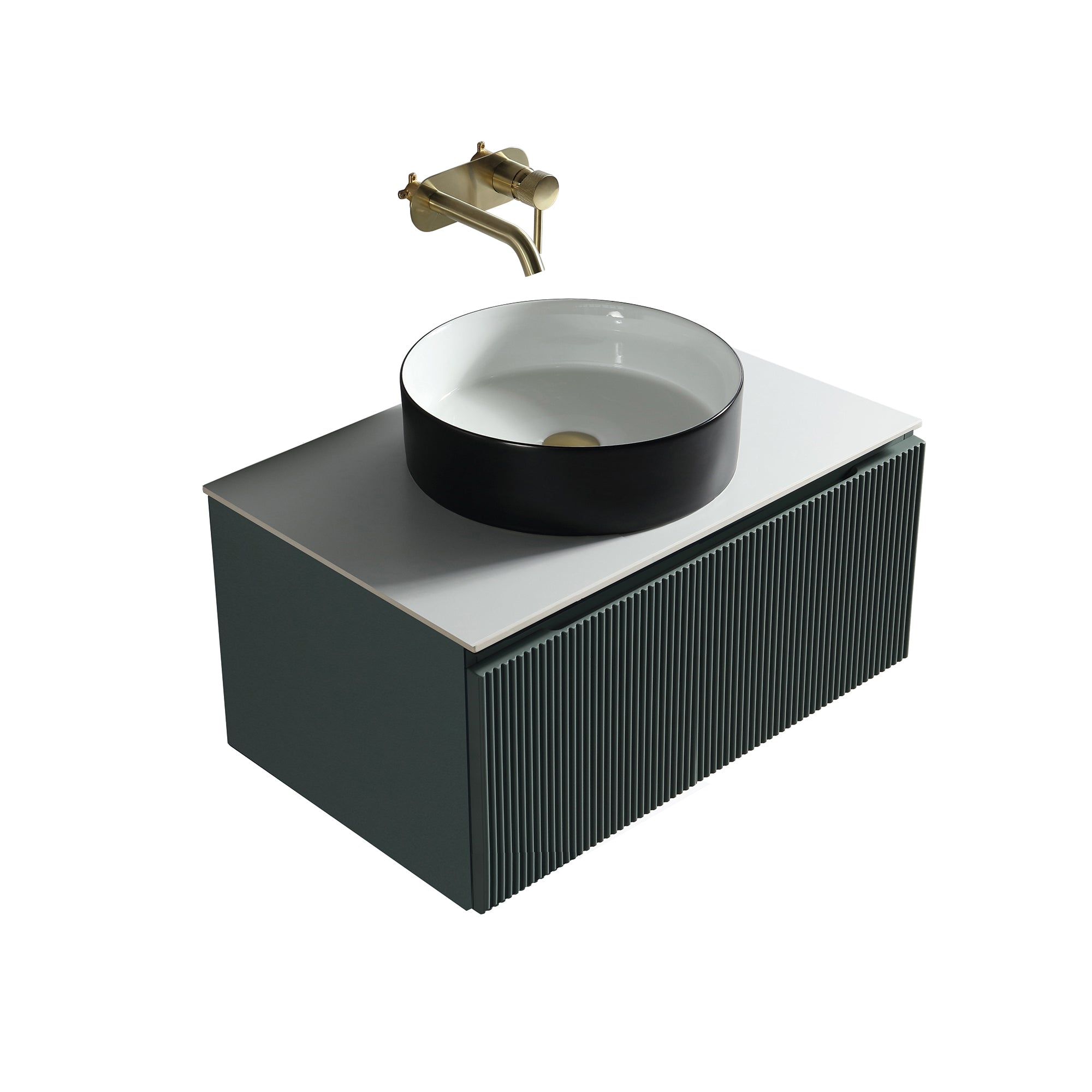 florence 600mm smoked sage fluted wall mounted vanity unit with sintered stone countertop