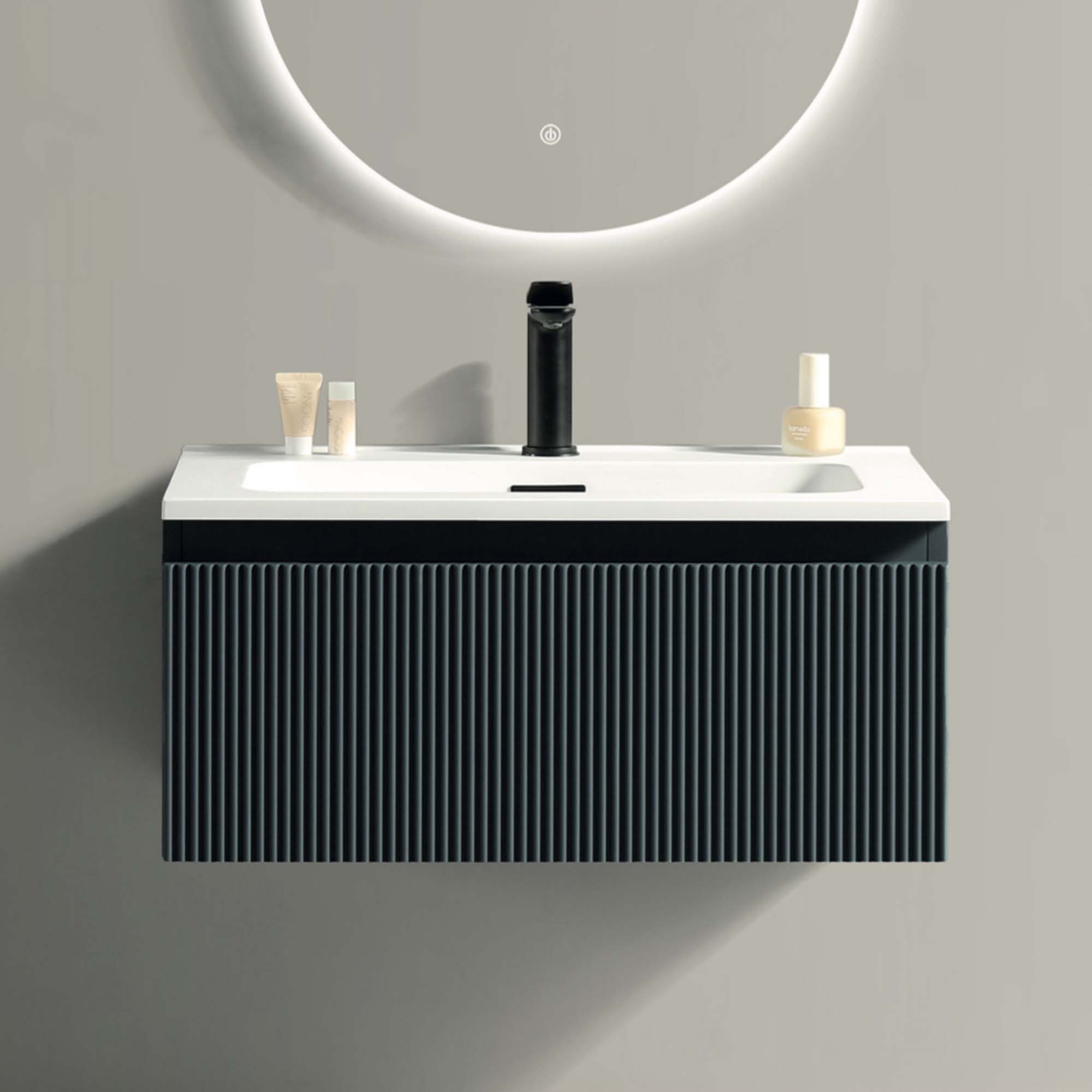 florence 800mm midnight shadow fluted wall mounted vanity unit with matt white poly marble washbasin
