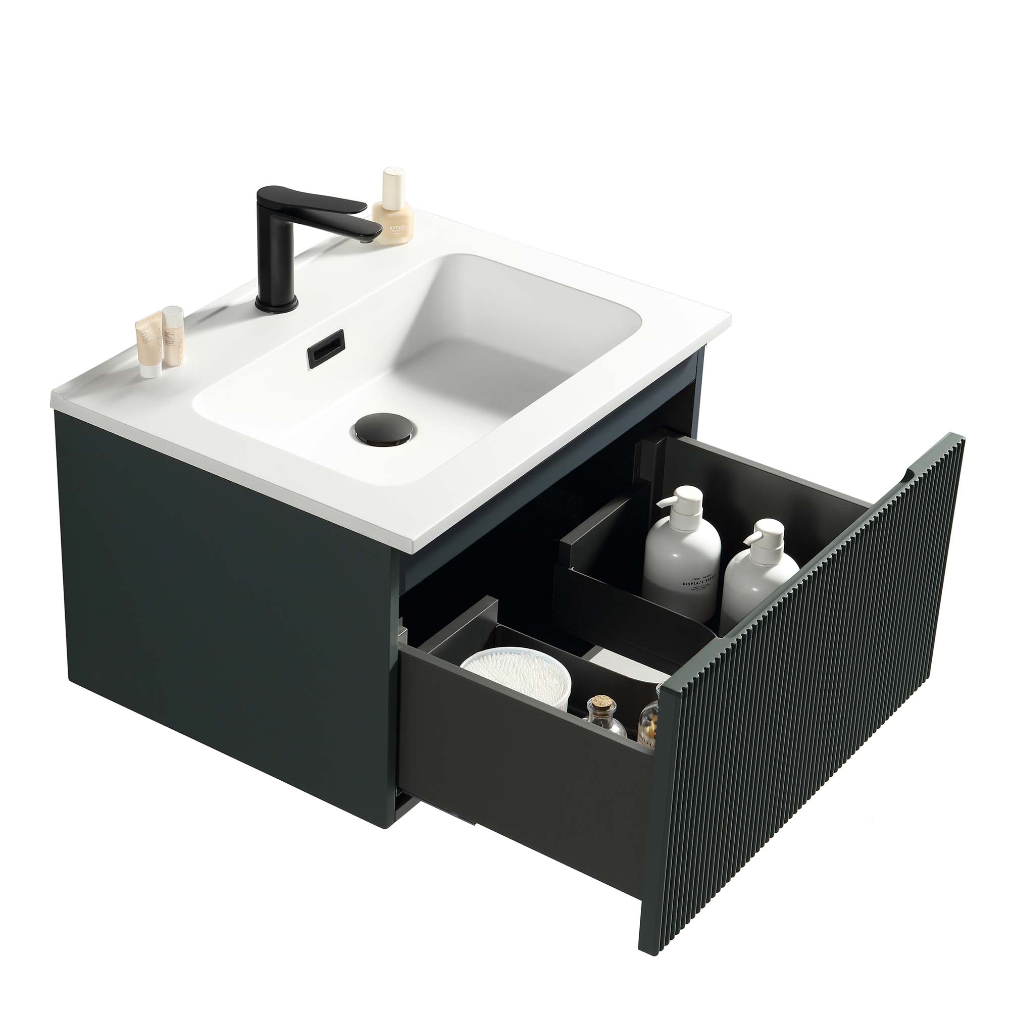 florence 600mm smoked sage fluted wall mounted vanity unit with matt white poly marble washbasin