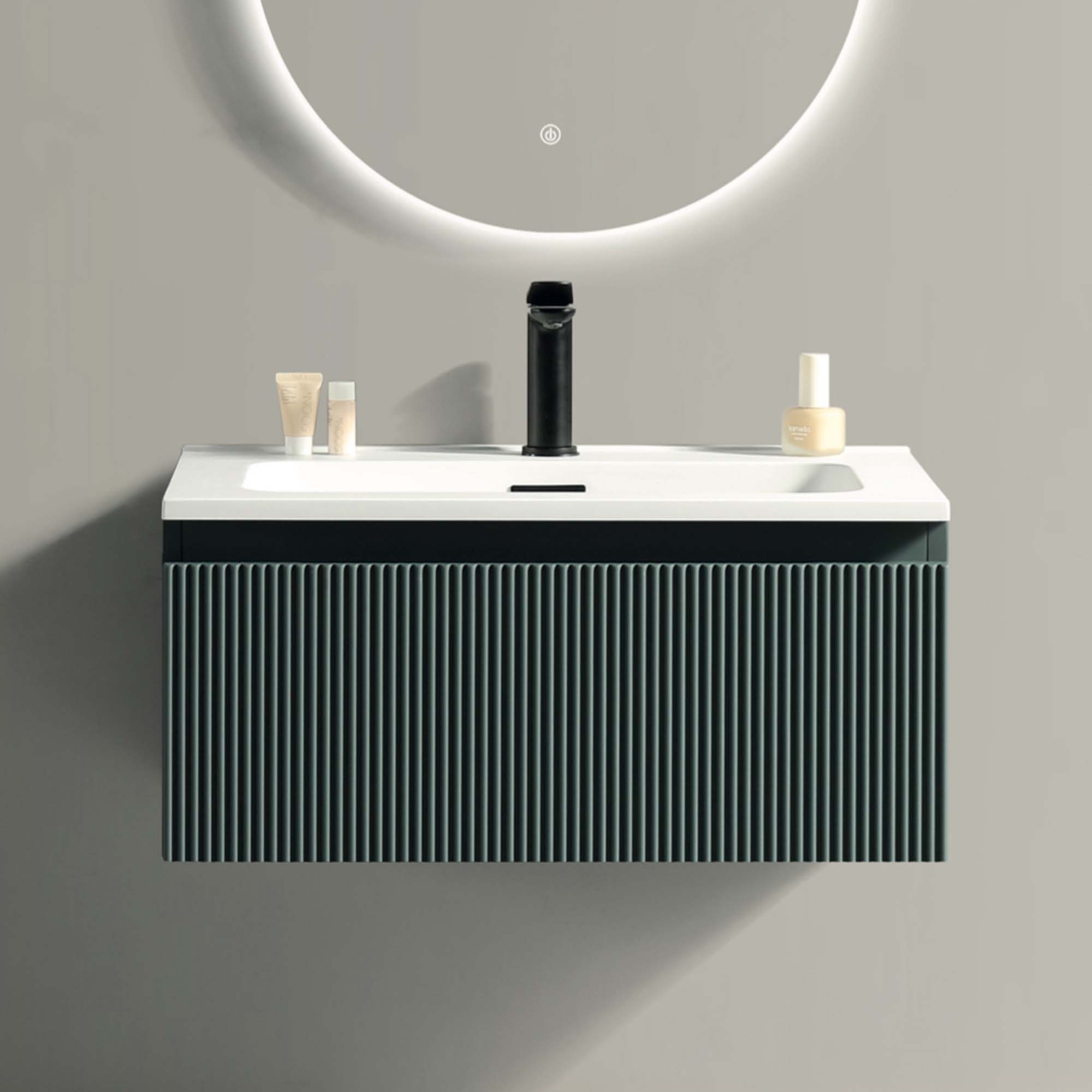 florence 600mm smoked sage fluted wall mounted vanity unit with matt white poly marble washbasin