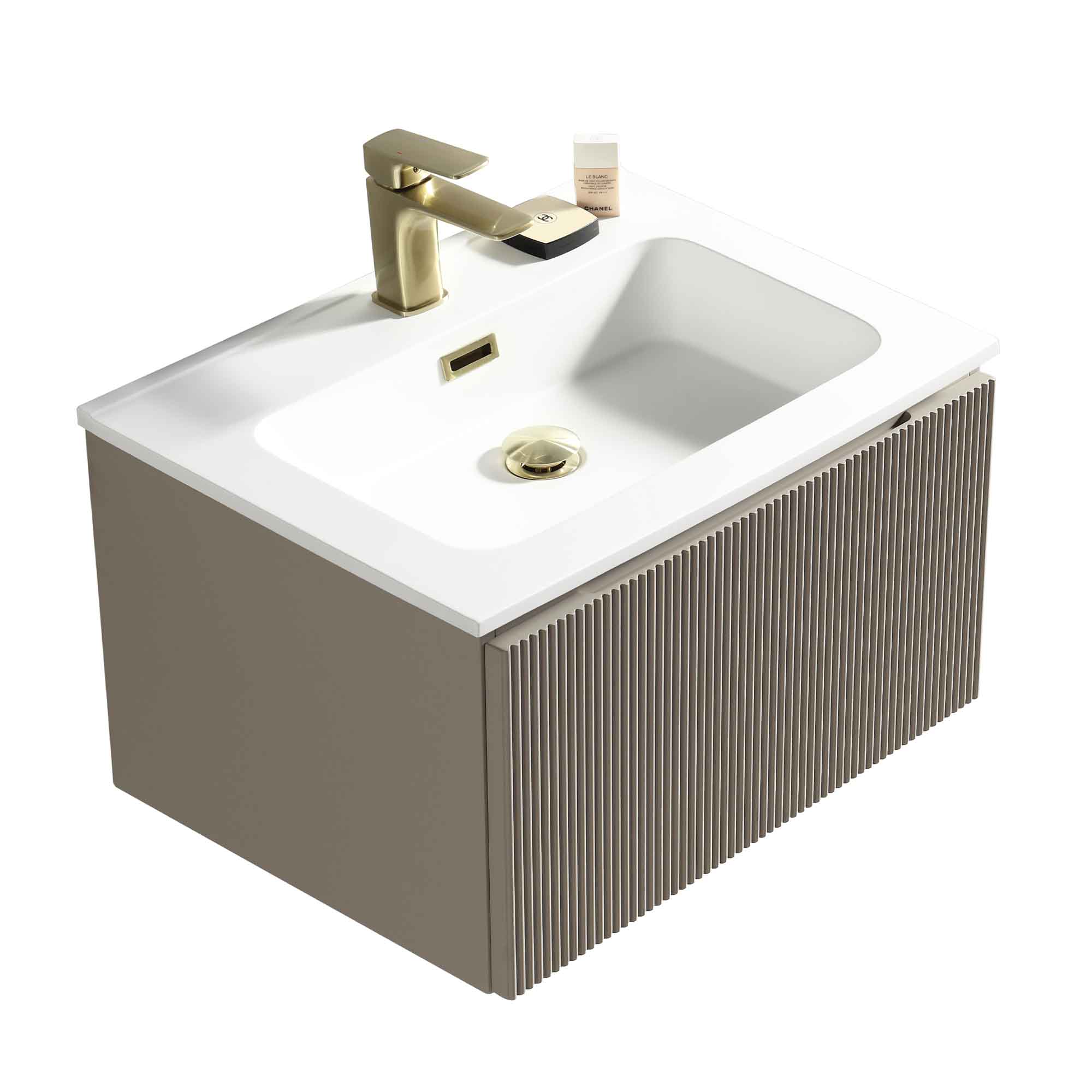 florence 600mm soft coffee fluted wall mounted vanity unit with matt white poly marble washbasin