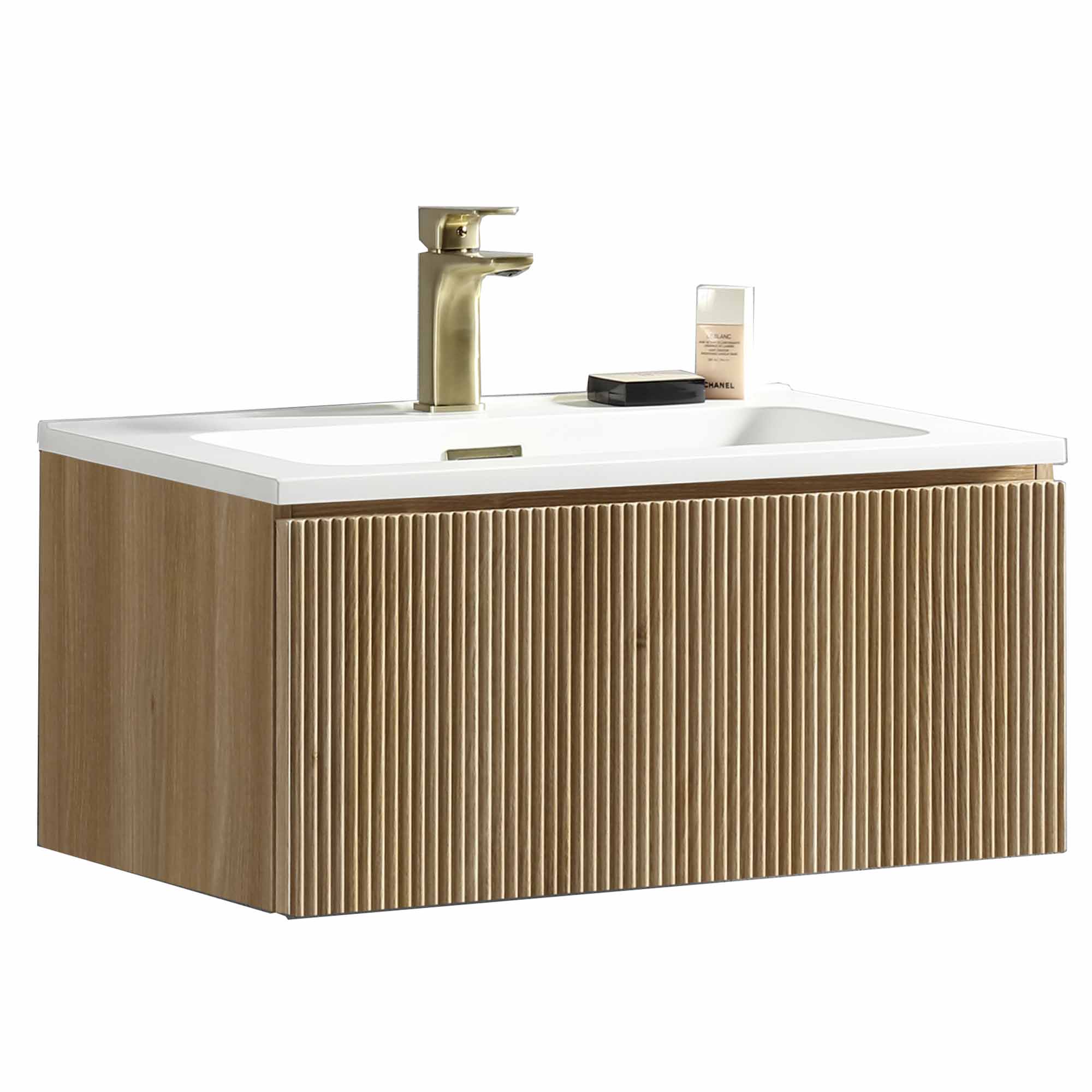 florence 800mm country oak fluted wall mounted vanity unit with matt white poly marble washbasin