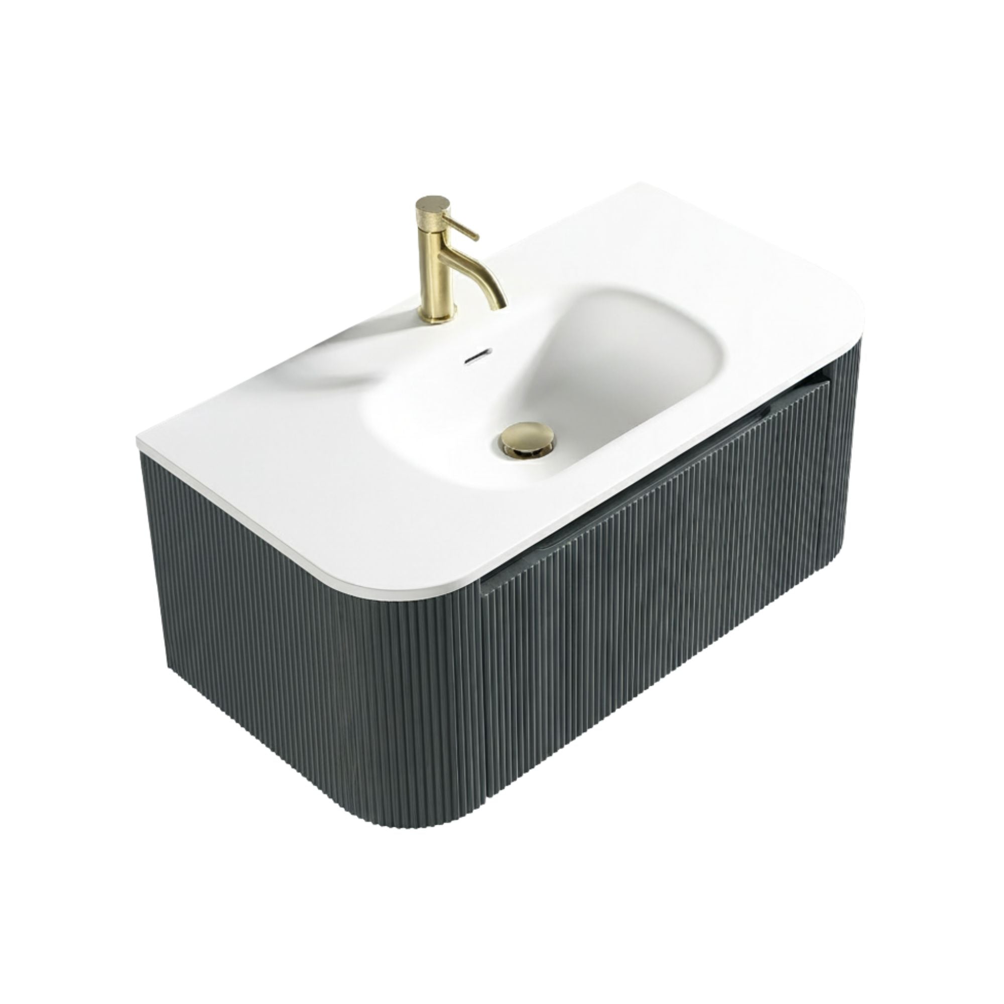Florence Fluted 870mm Curved Wall Mounted Vanity Unit With Matt Stone Basin Smoked Sage Deluxe Bathrooms